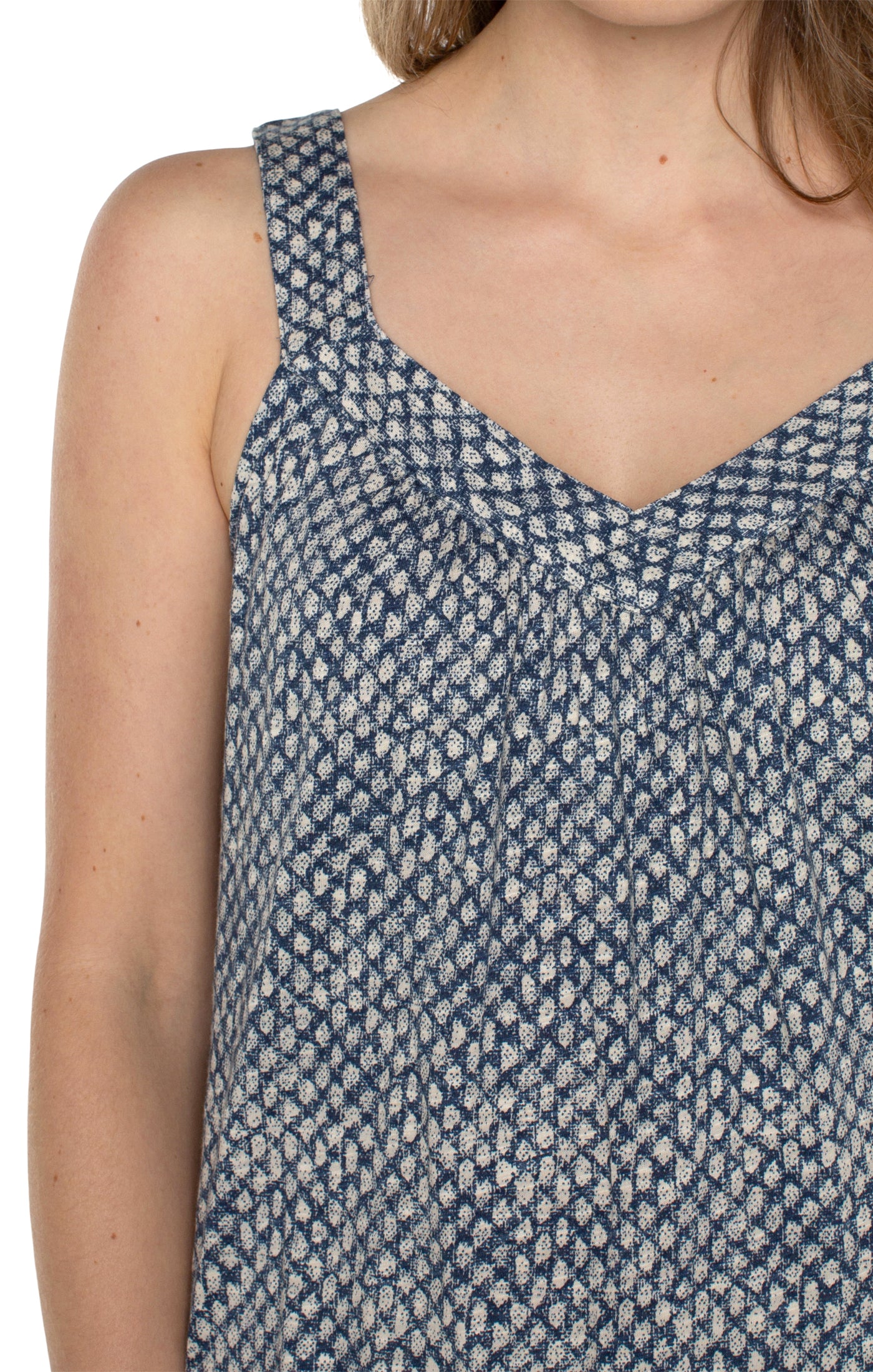 Liverpool Sleeveless V-Neck Easy Fit Tank with Smocking (Navy Text Dots)