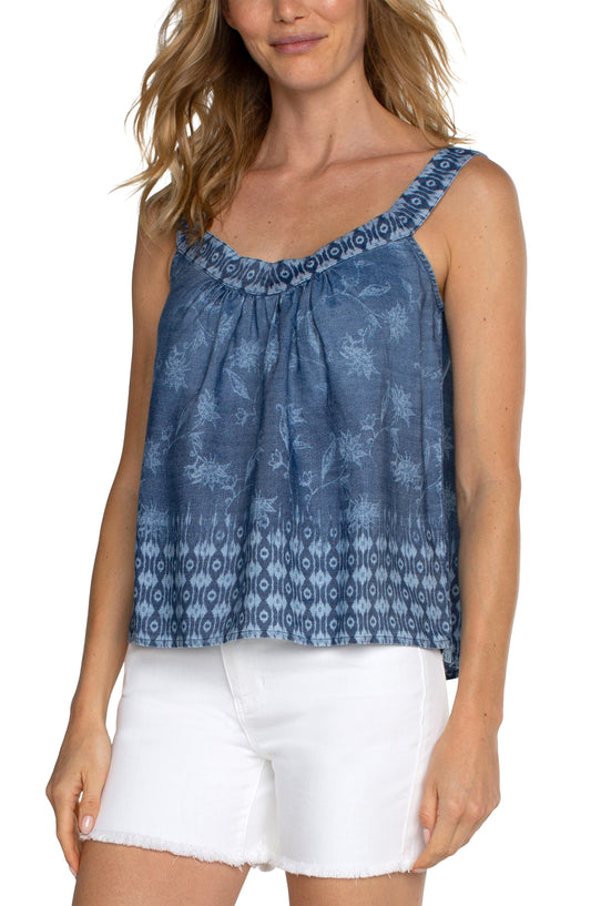 Liverpool Sleeveless V-Neck Easy Fit Tank with Smocking (Indigo Floral)
