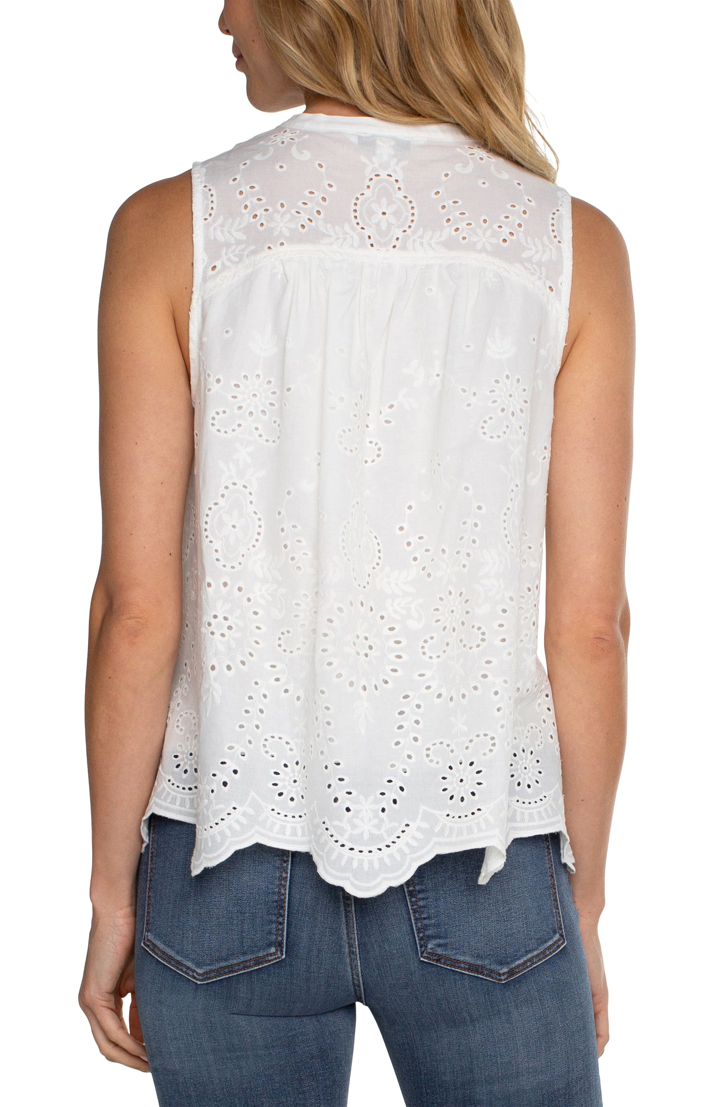 Liverpool Sleeveless Embroidered Woven Top with Pintucks (White)