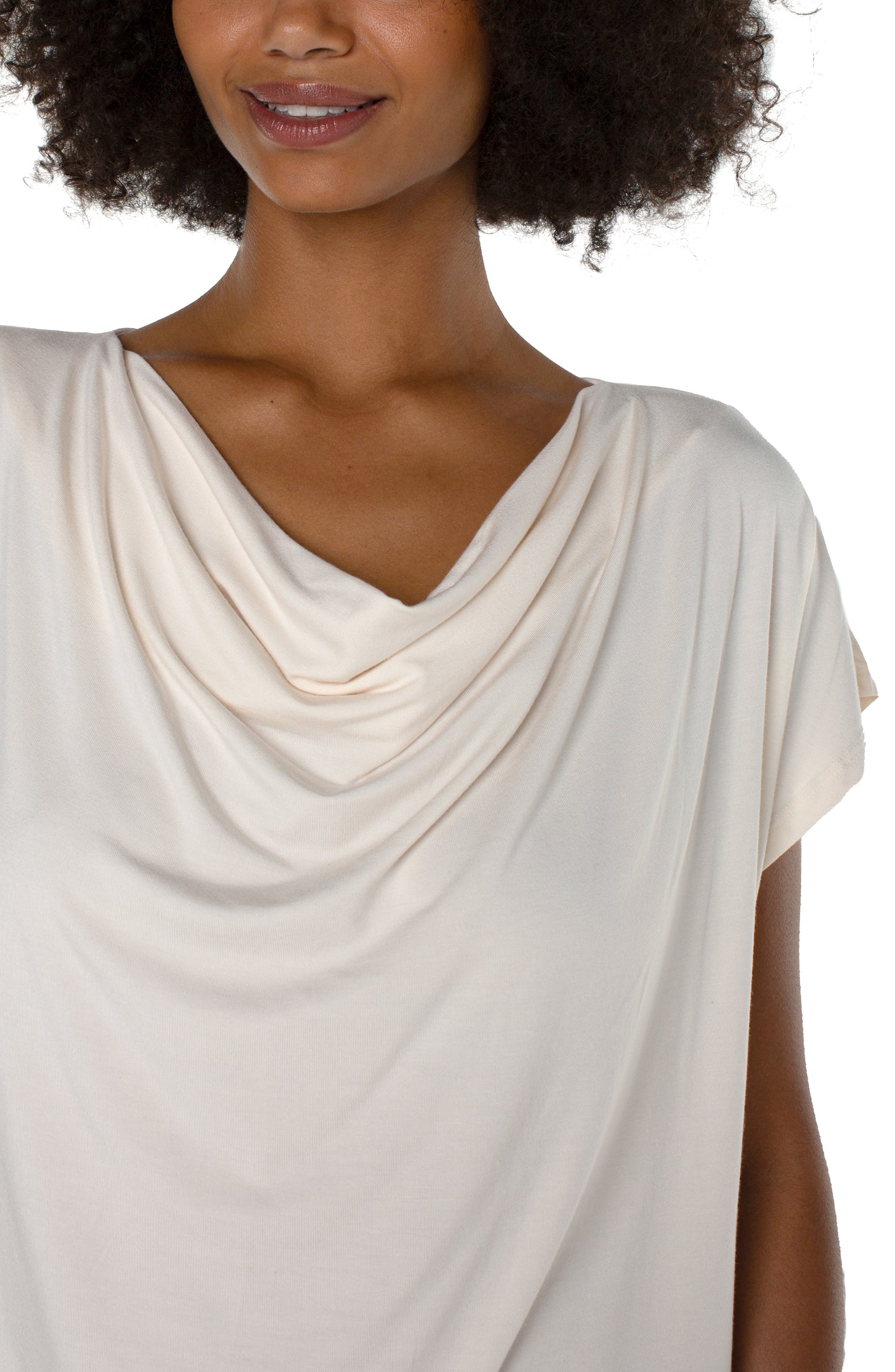 Liverpool Short Sleeve Draped Cowl Neck Knit Top (French Cream)