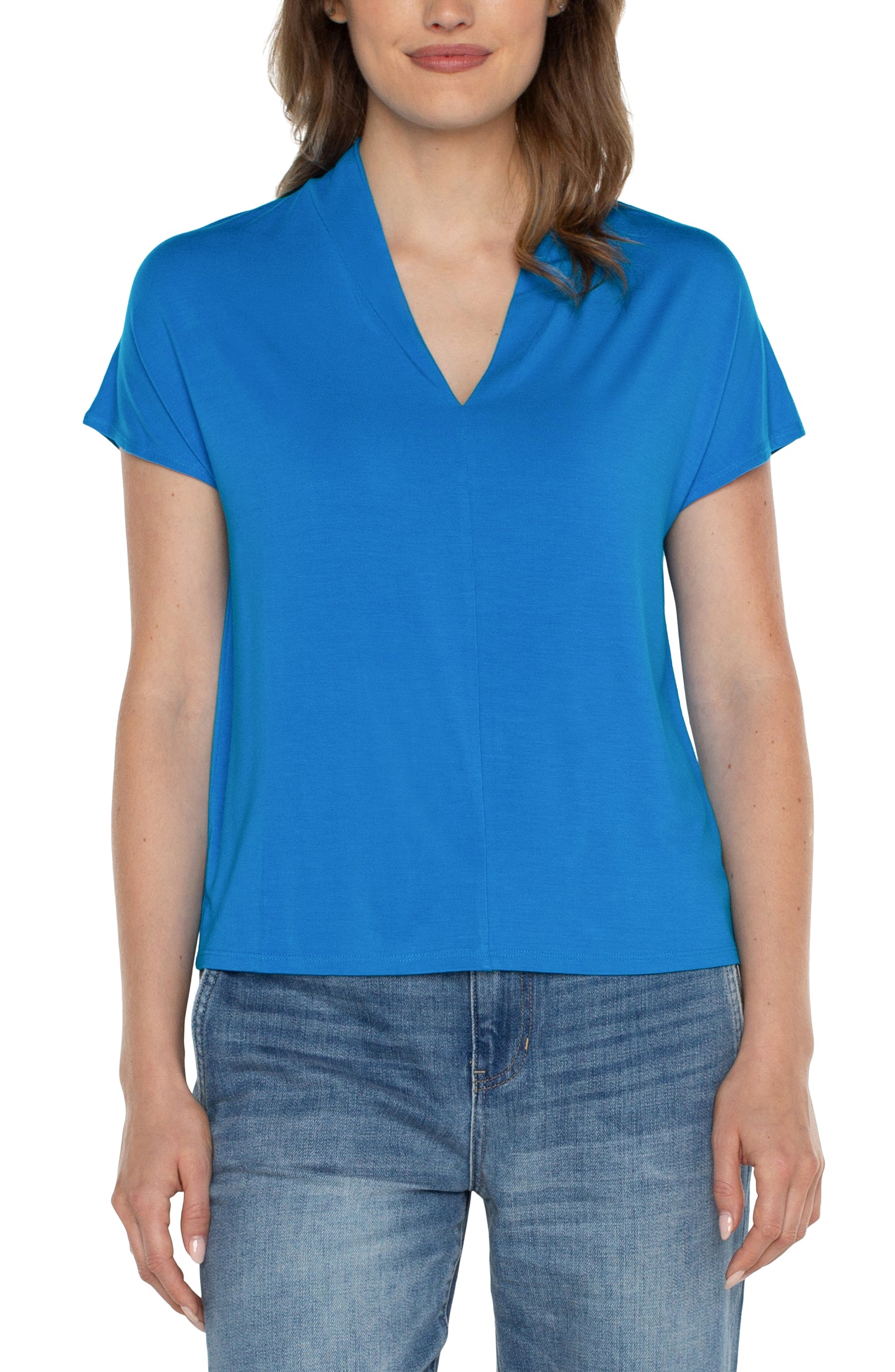 Liverpool Shawl Collar Short Sleeve Dolman Knit Top (Diva Blue)