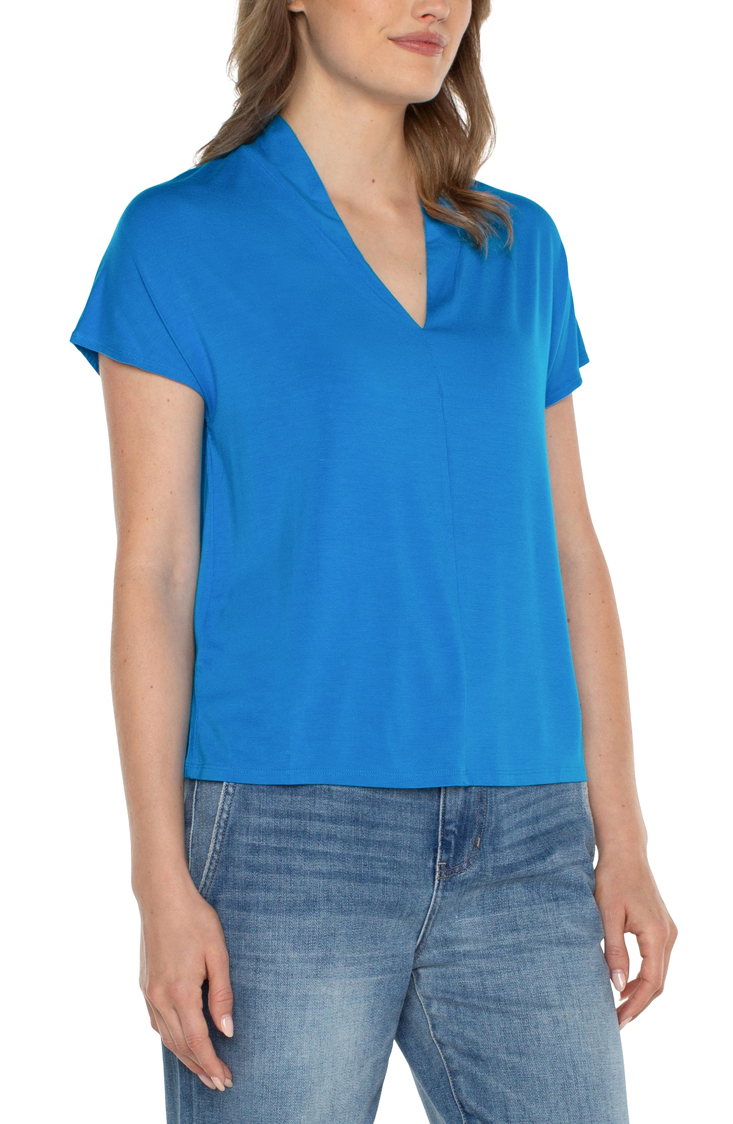 Liverpool Shawl Collar Short Sleeve Dolman Knit Top (Diva Blue)