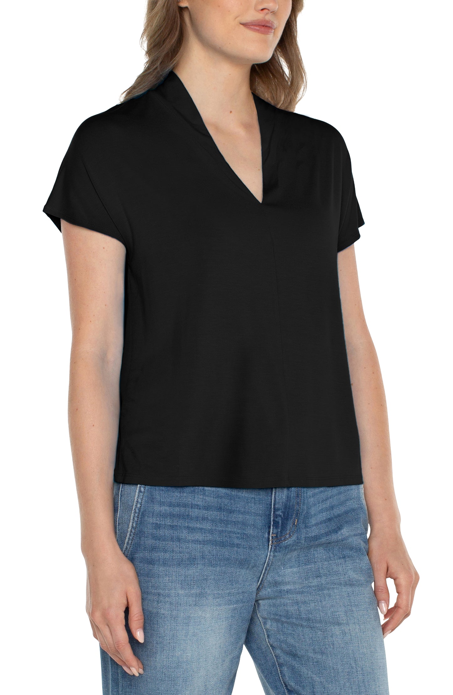 Liverpool Shawl Collar Short Sleeve Dolman Knit Top (Black)