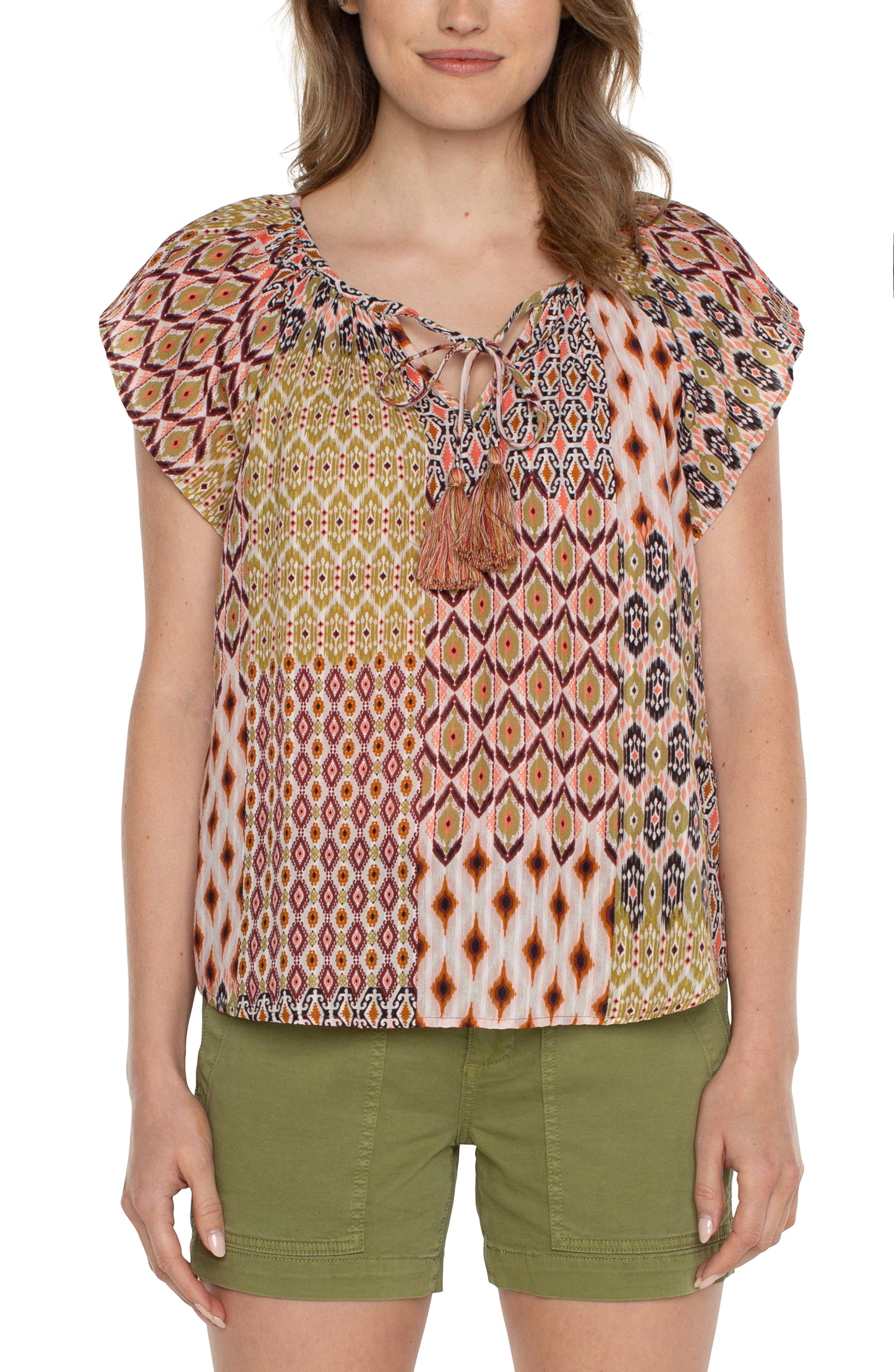 Liverpool Petal Sleeve Woven Top with Front Tie Detail (Geo Patchwork)