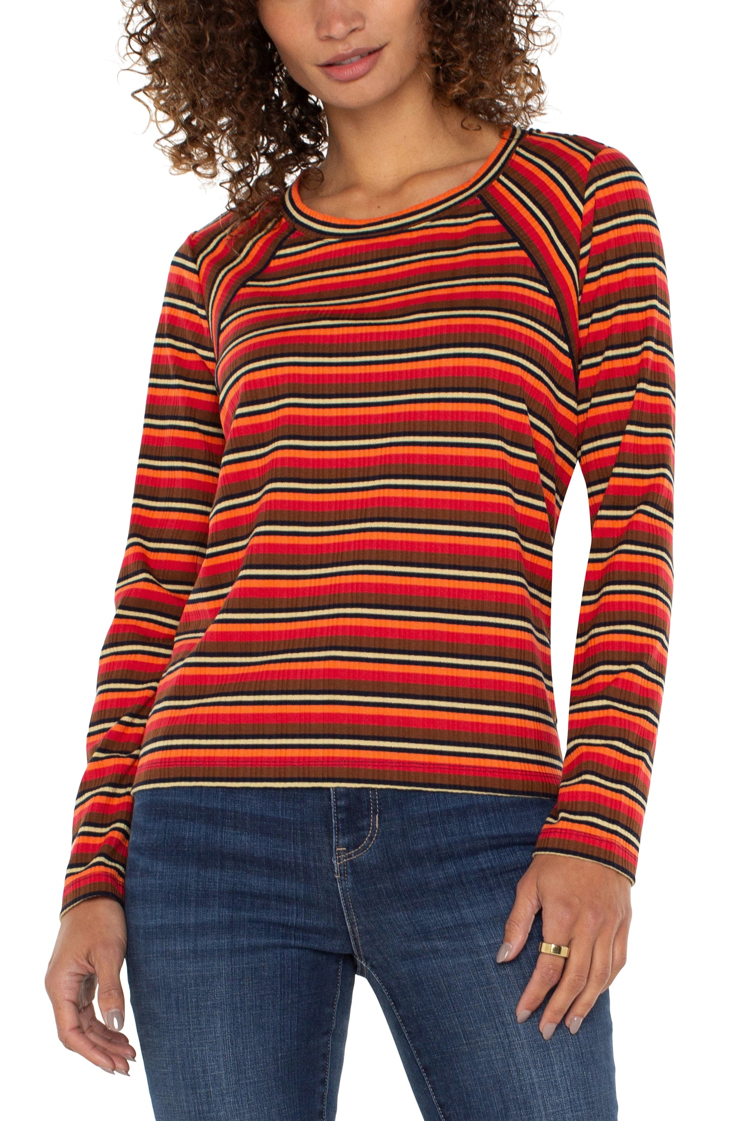 Liverpool Long Sleeve Crew Neck Knit Top w/ Mitering (Burnt Orange Multistripe)