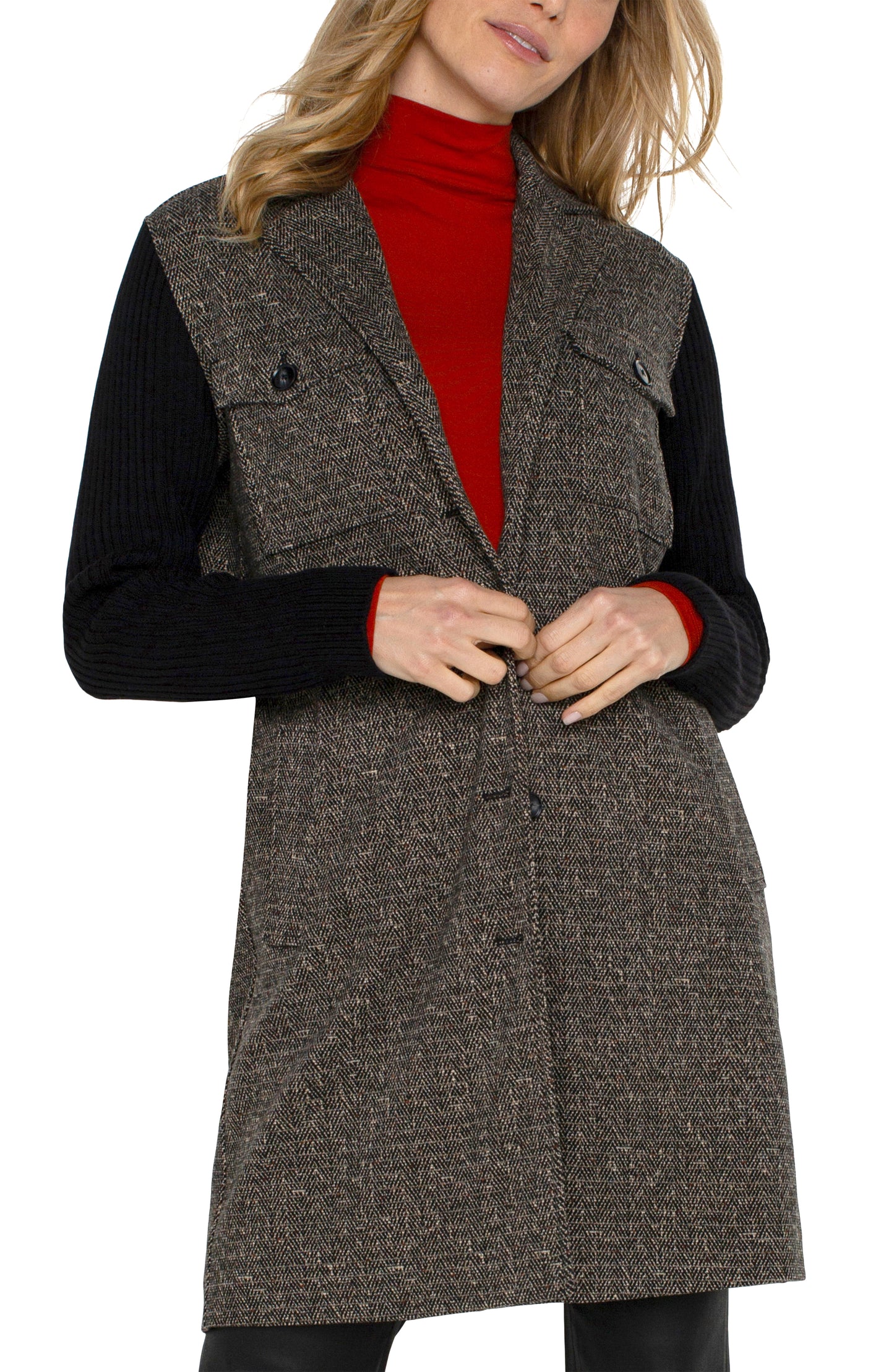 Liverpool Coatigan w/ Sweater Sleeves (Black Tan Herringbone)