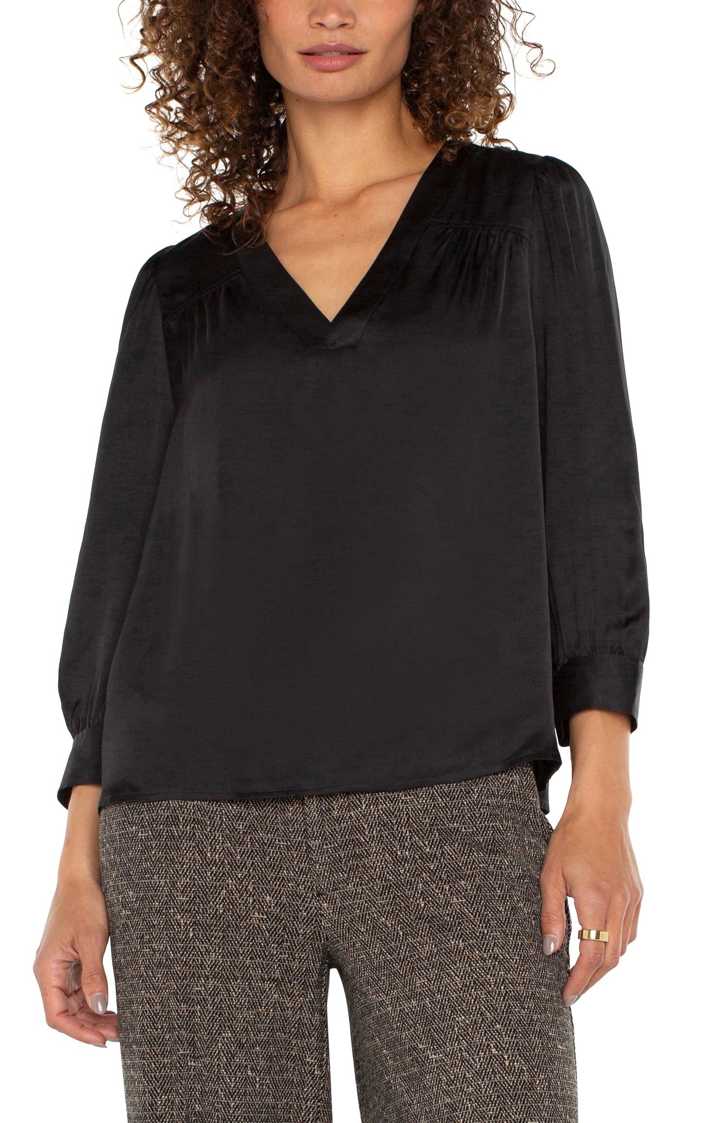 Liverpool Long Sleeve Pleated Neck Woven Blouse (Black)