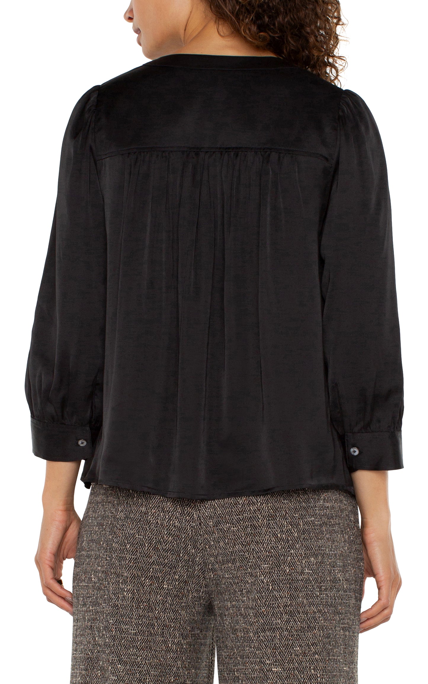 Liverpool Long Sleeve Pleated Neck Woven Blouse (Black)