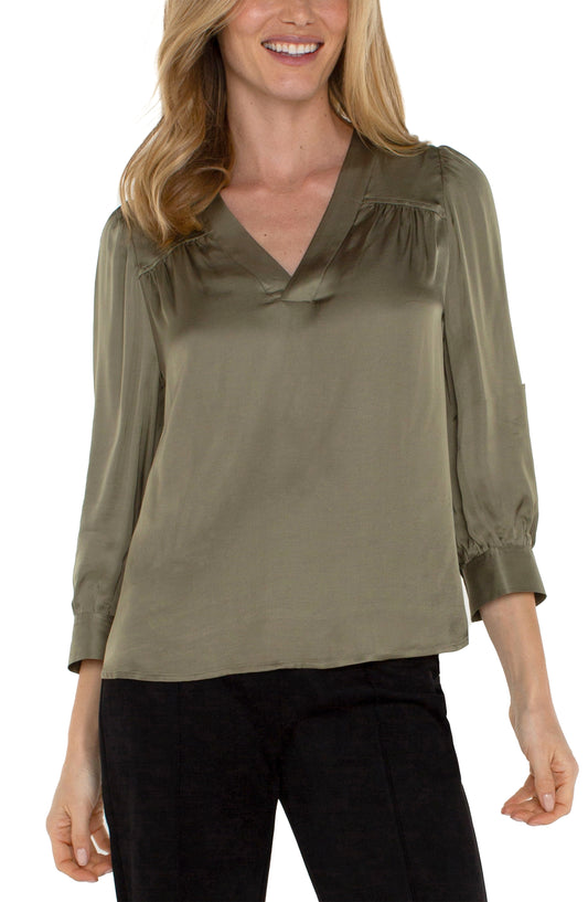 Liverpool Long Sleeve Pleated Neck Woven Blouse (Spanish Olive)