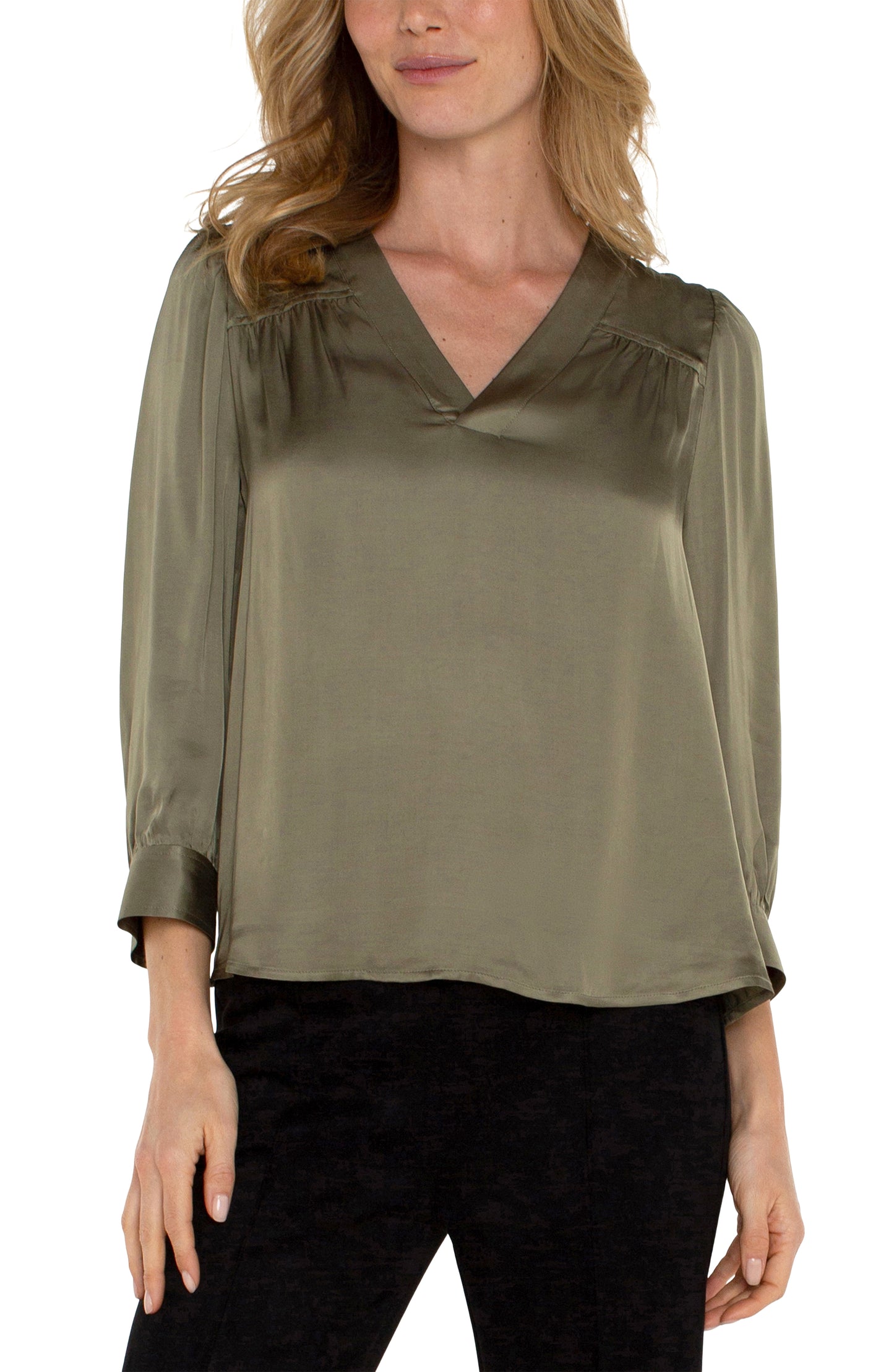 Liverpool Long Sleeve Pleated Neck Woven Blouse (Spanish Olive)