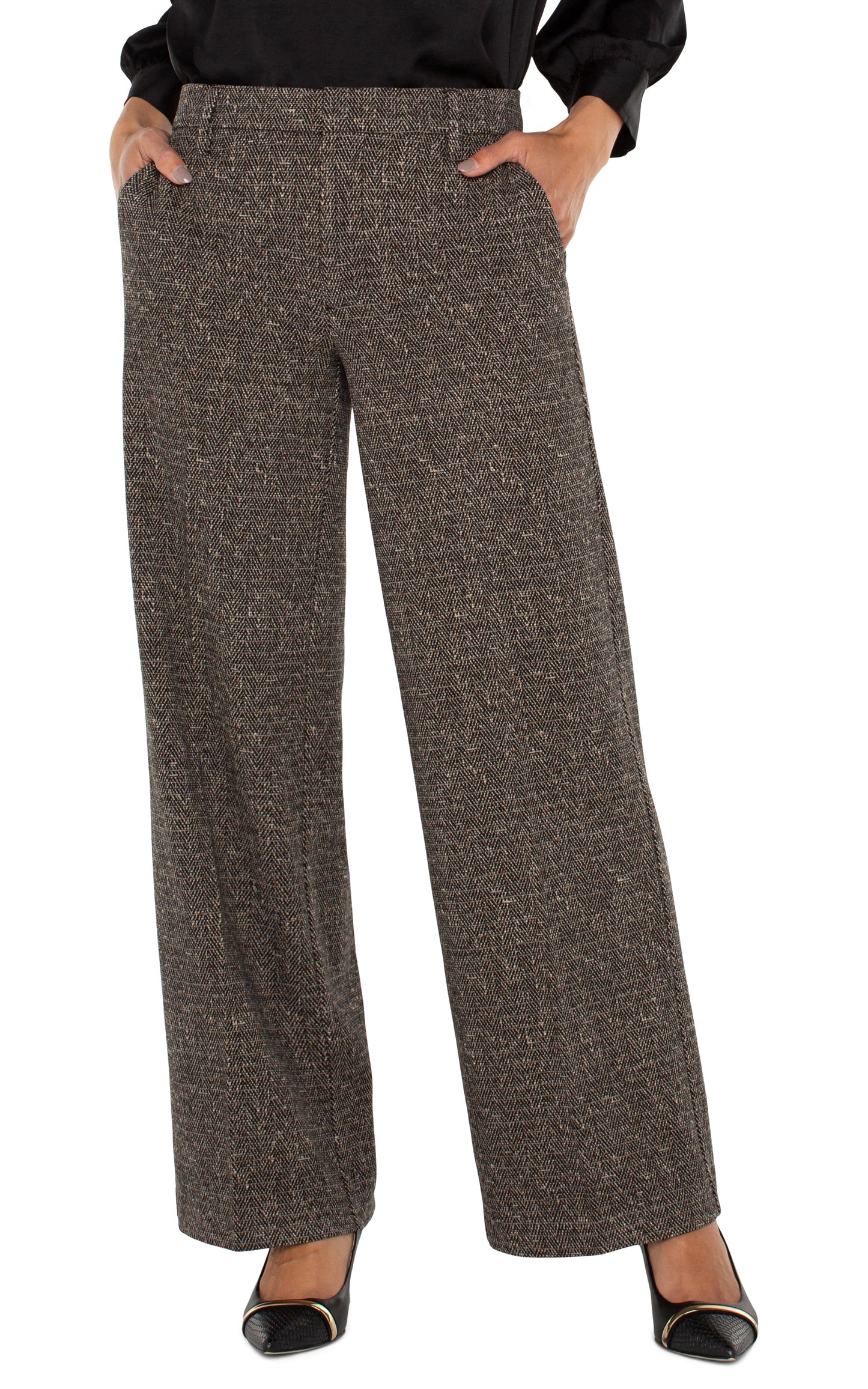 Liverpool Kelsey Wide Leg Trouser 31" inseam (Black Tan Herringbone)