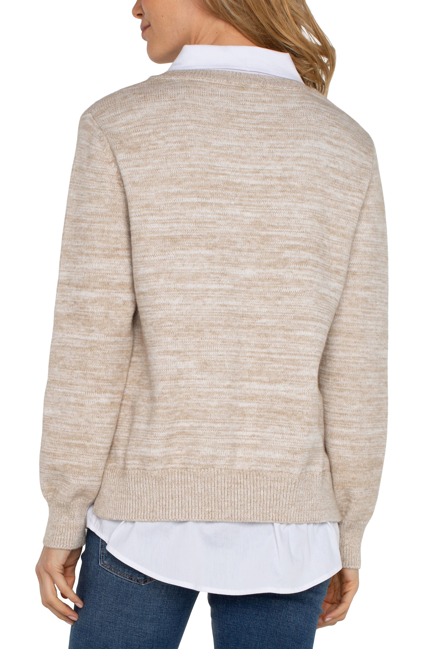 Liverpool Long Sleeve Twofer Collared Sweater (Light Oatmeal Melange)