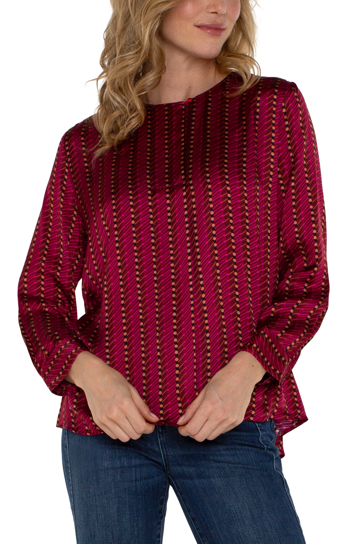 Liverpool Long Sleeve Popover Woven Blouse (Ruby Dotted Stripe)