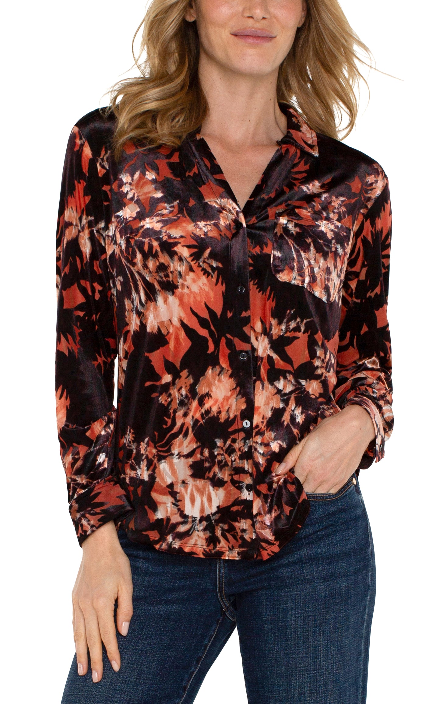 Liverpool Long Sleeve Button Front Knit Shirt (Fire Opal Burnout)