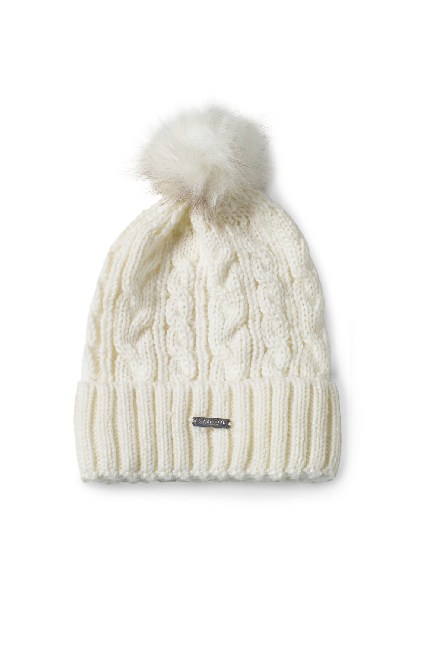 Liverpool Cable Knit Beanie w/ Fax Fur Pouf (Snow White)