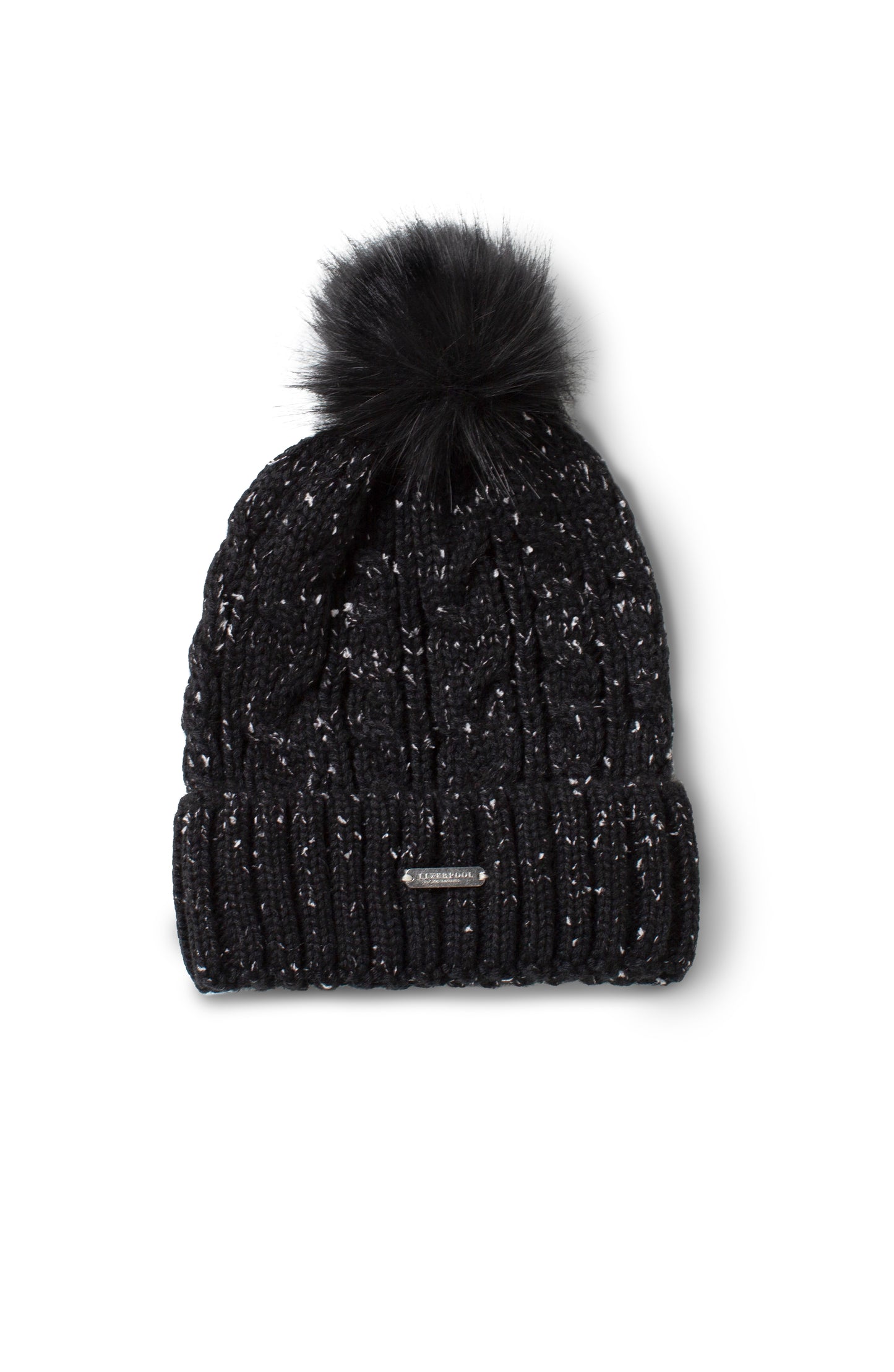 Liverpool Cable Knit Beanie w/ Fax Fur Pouf (Black w/ White Flakes)