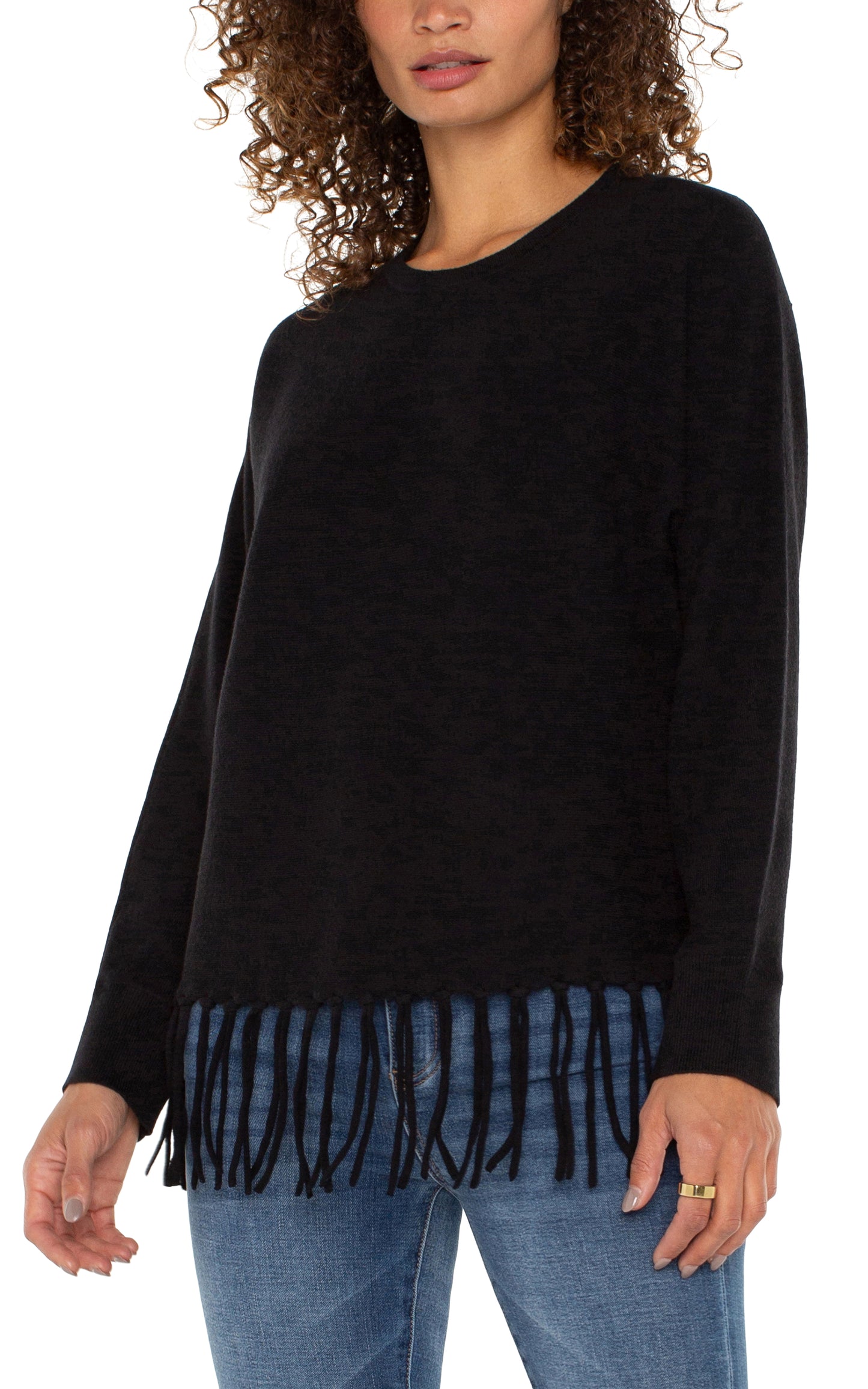 Liverpool Long Sleeve Seamless Dolman Sweater w/ Fringe (Black)