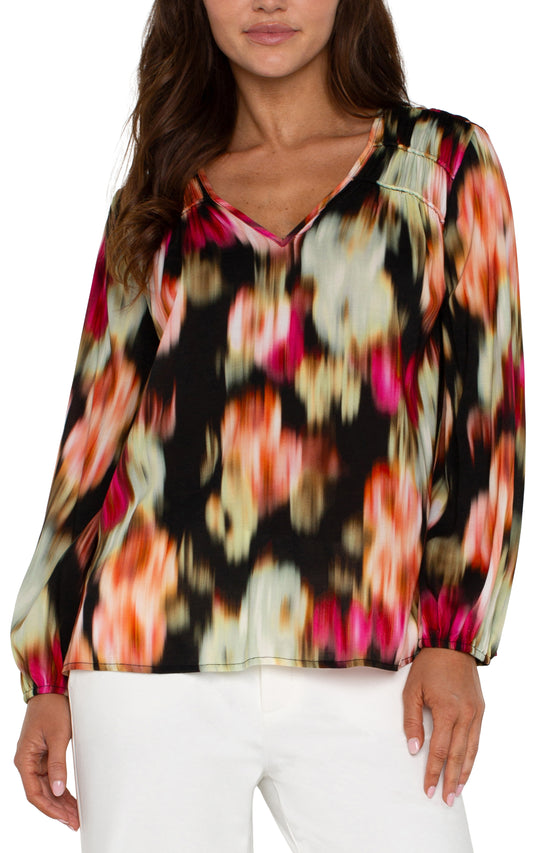 Liverpool Long Sleeve V Neck Woven Blouse w/ Shirring (Star Ruby Floral)