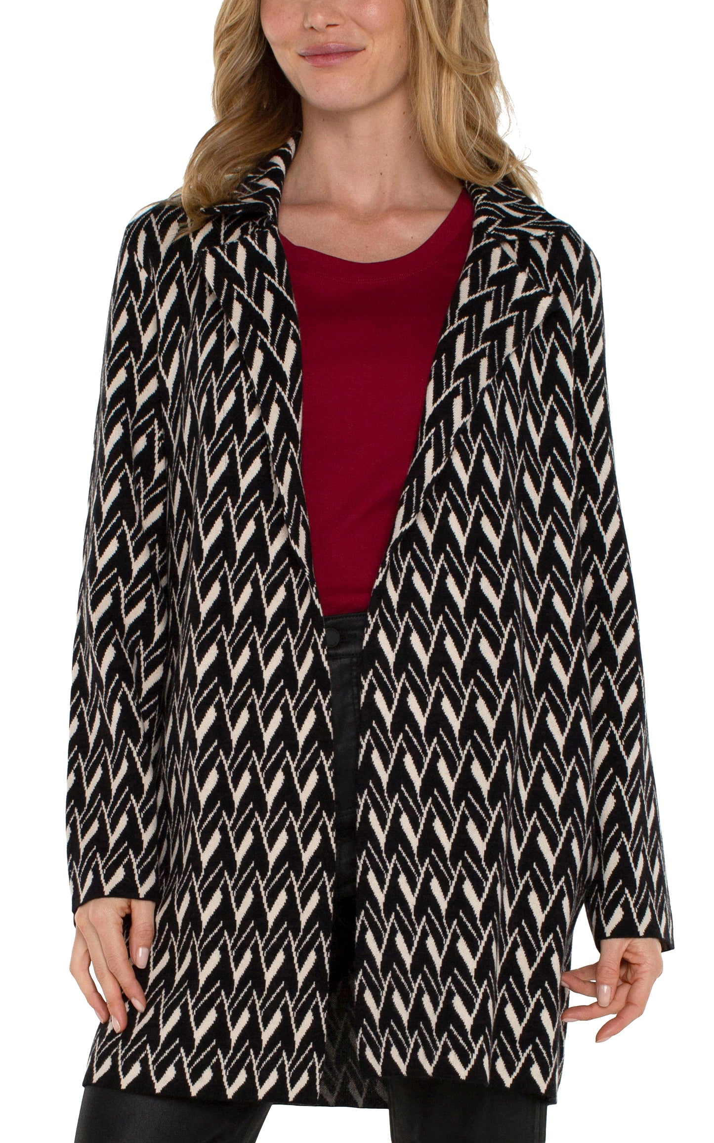 Liverpool Long Sleeve Open Front Sweater Coat (Black/Cream Chevron)