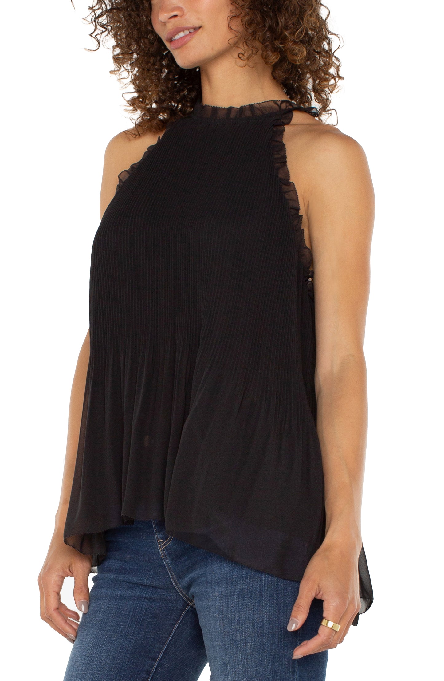 Liverpool Sleeveless Pleated Halter Top w/ Ruffle (Black)