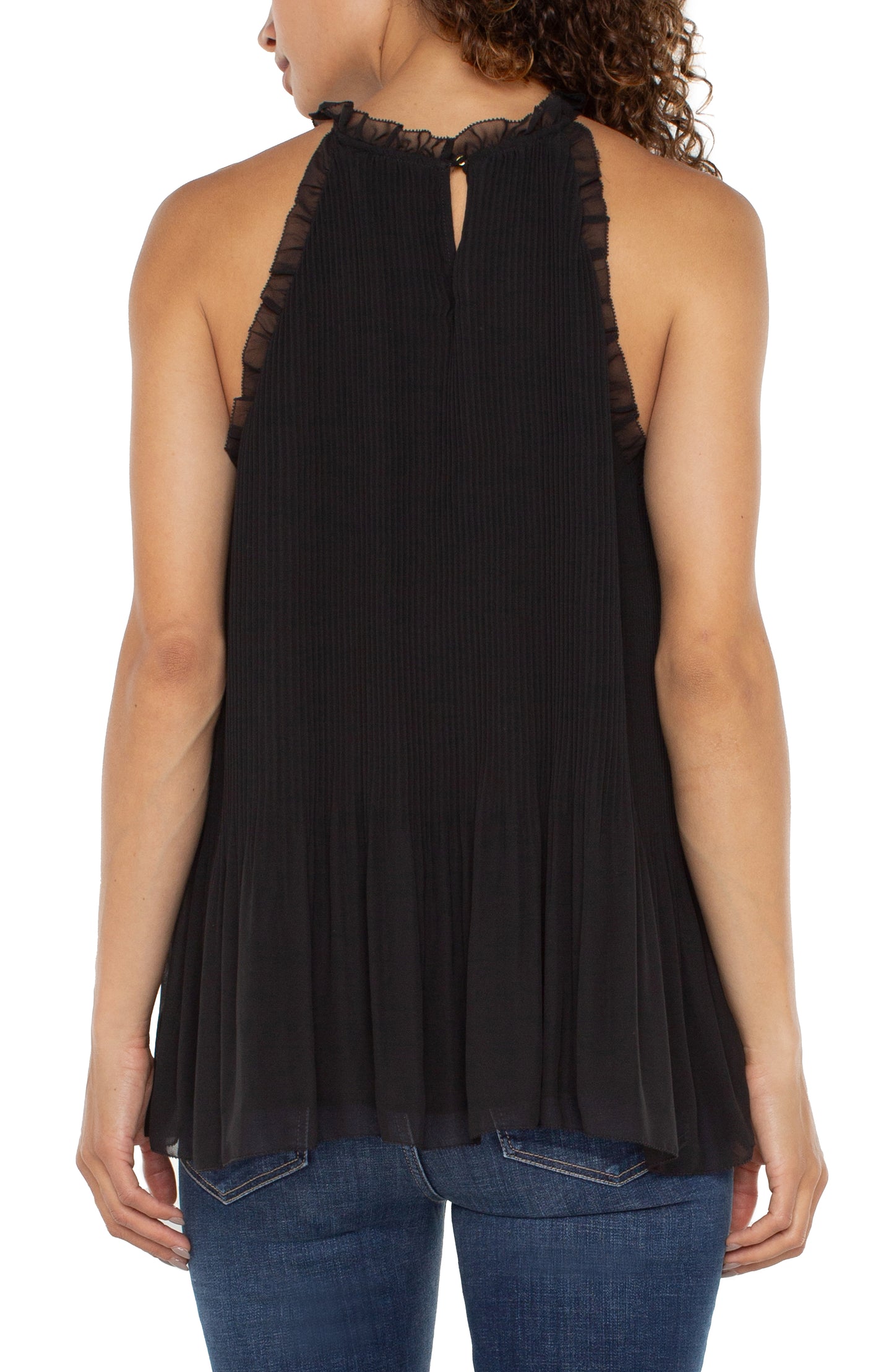 Liverpool Sleeveless Pleated Halter Top w/ Ruffle (Black)