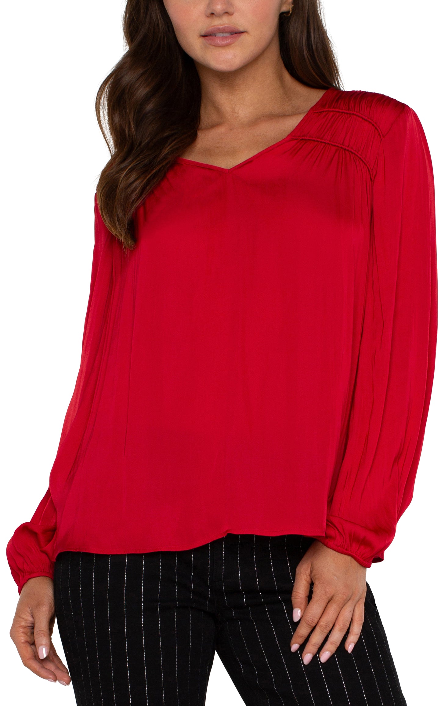 Liverpool Long Sleeve V Neck Woven Blouse w/ Shirring (Tango Red)