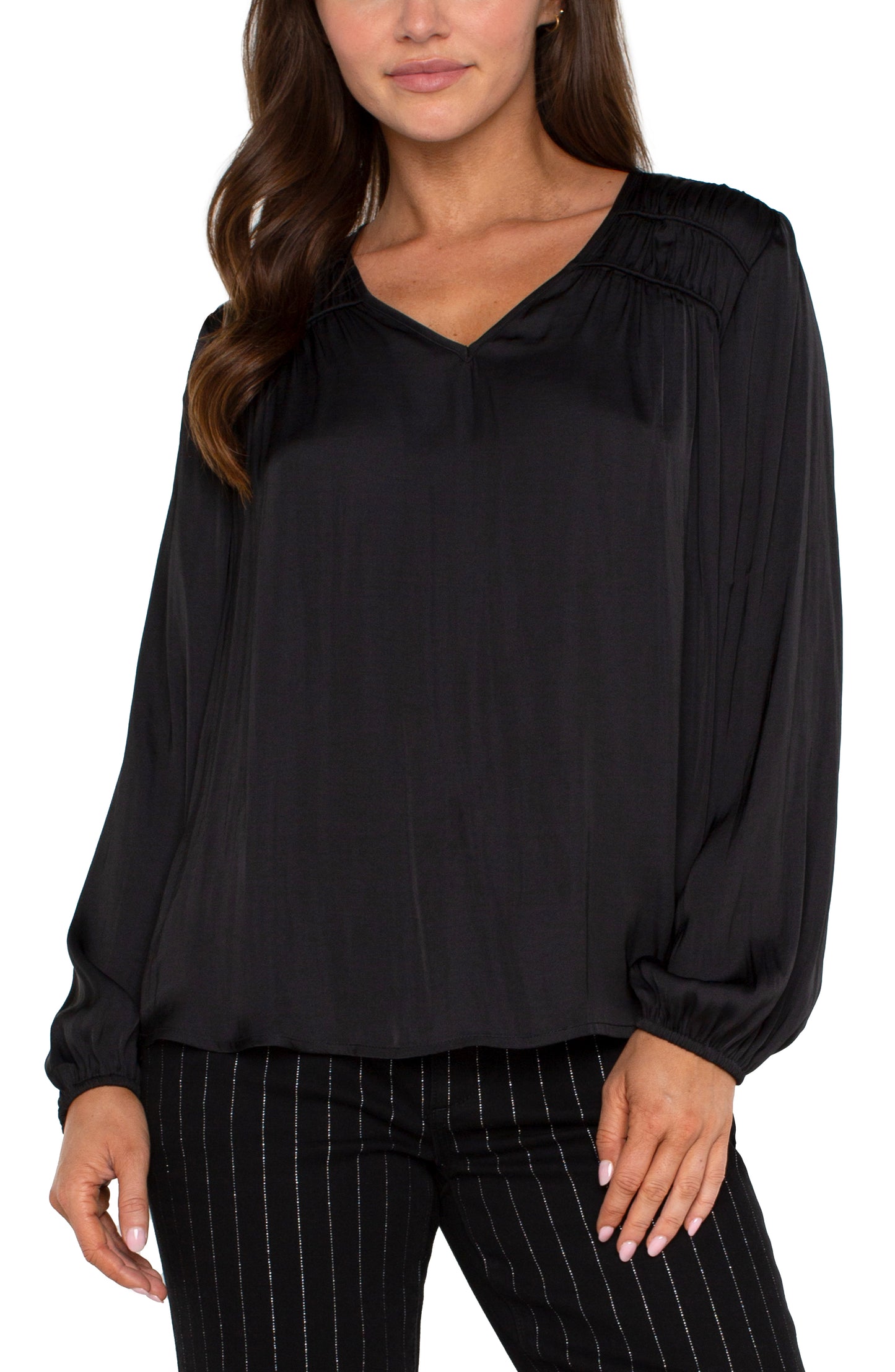 Liverpool Long Sleeve V Neck Woven Blouse w/ Shirring (Black)