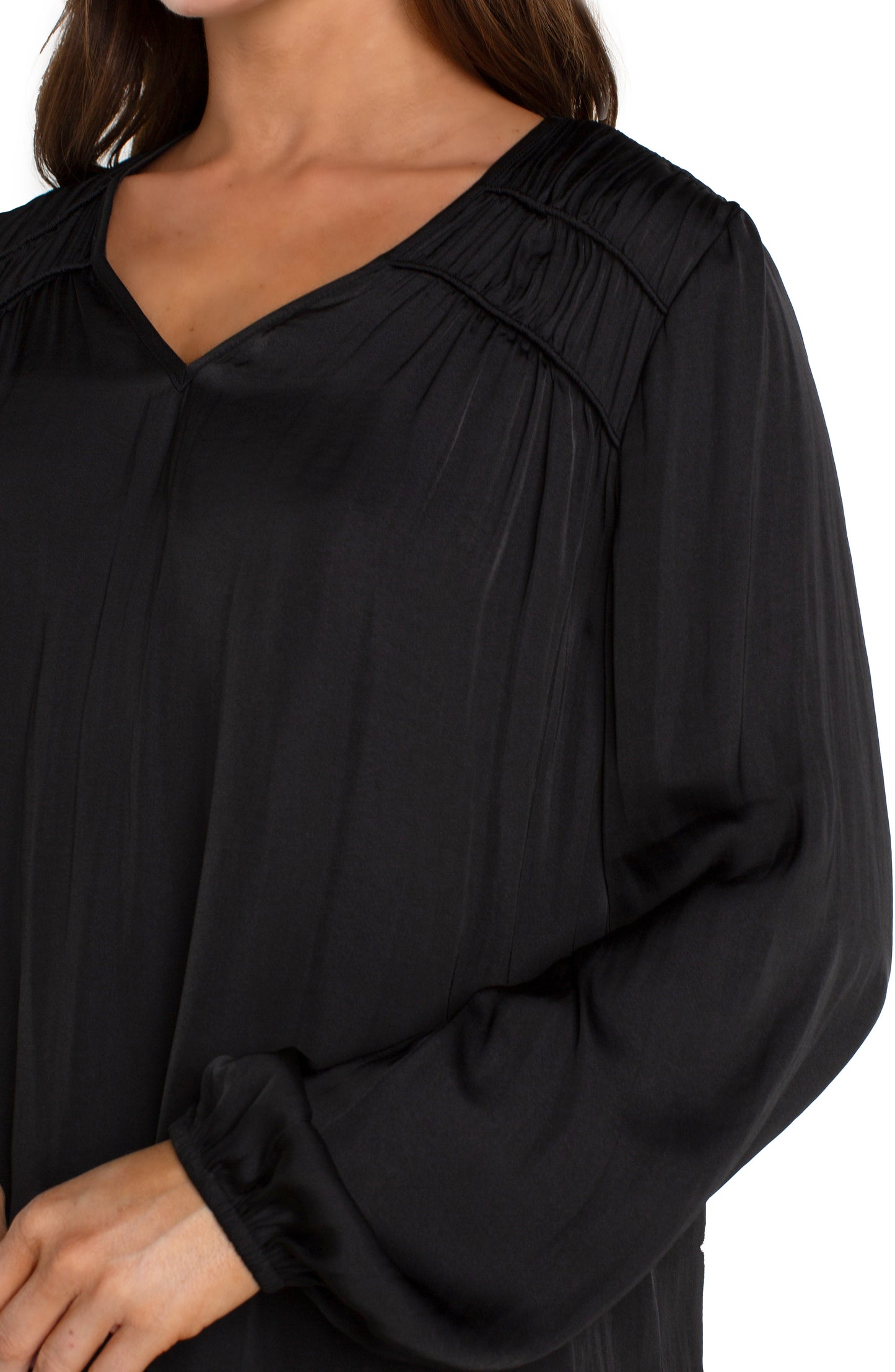 Liverpool Long Sleeve V Neck Woven Blouse w/ Shirring (Black)