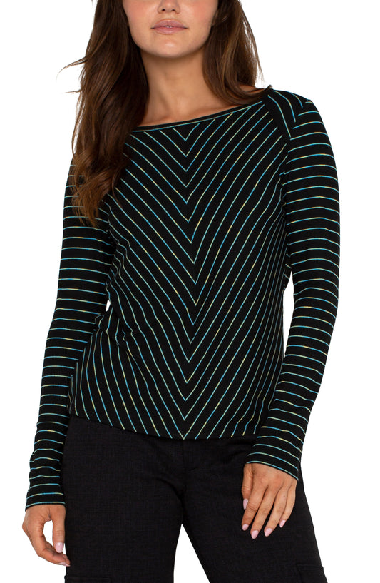 Liverpool Long Sleeve Boat Neck Knit Top w/ Miter Front (Malachite Stripe)