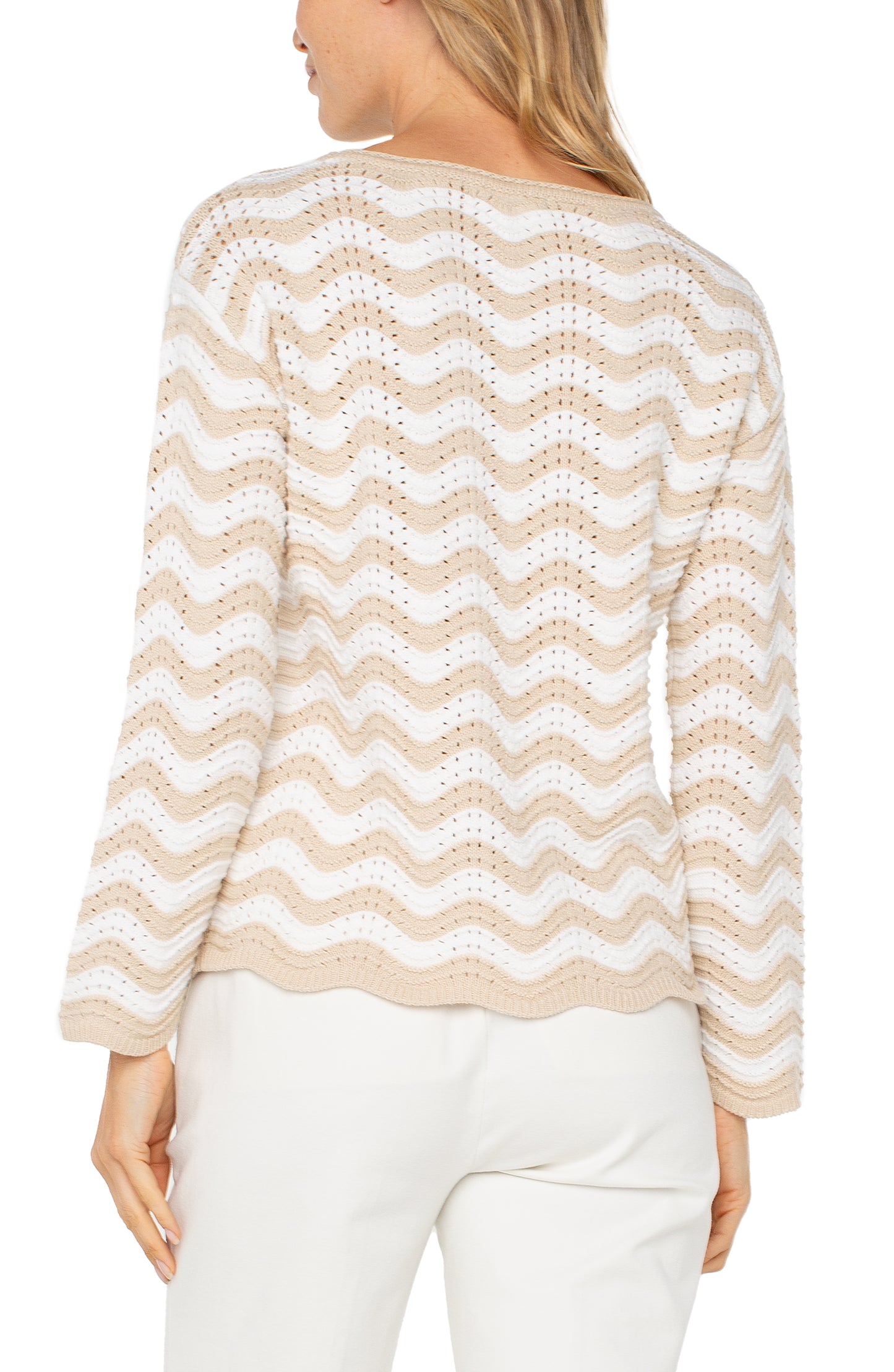 Liverpool Long Sleeve Boat Neck Scallop Hem Sweater (Tan Ivory Stripe)