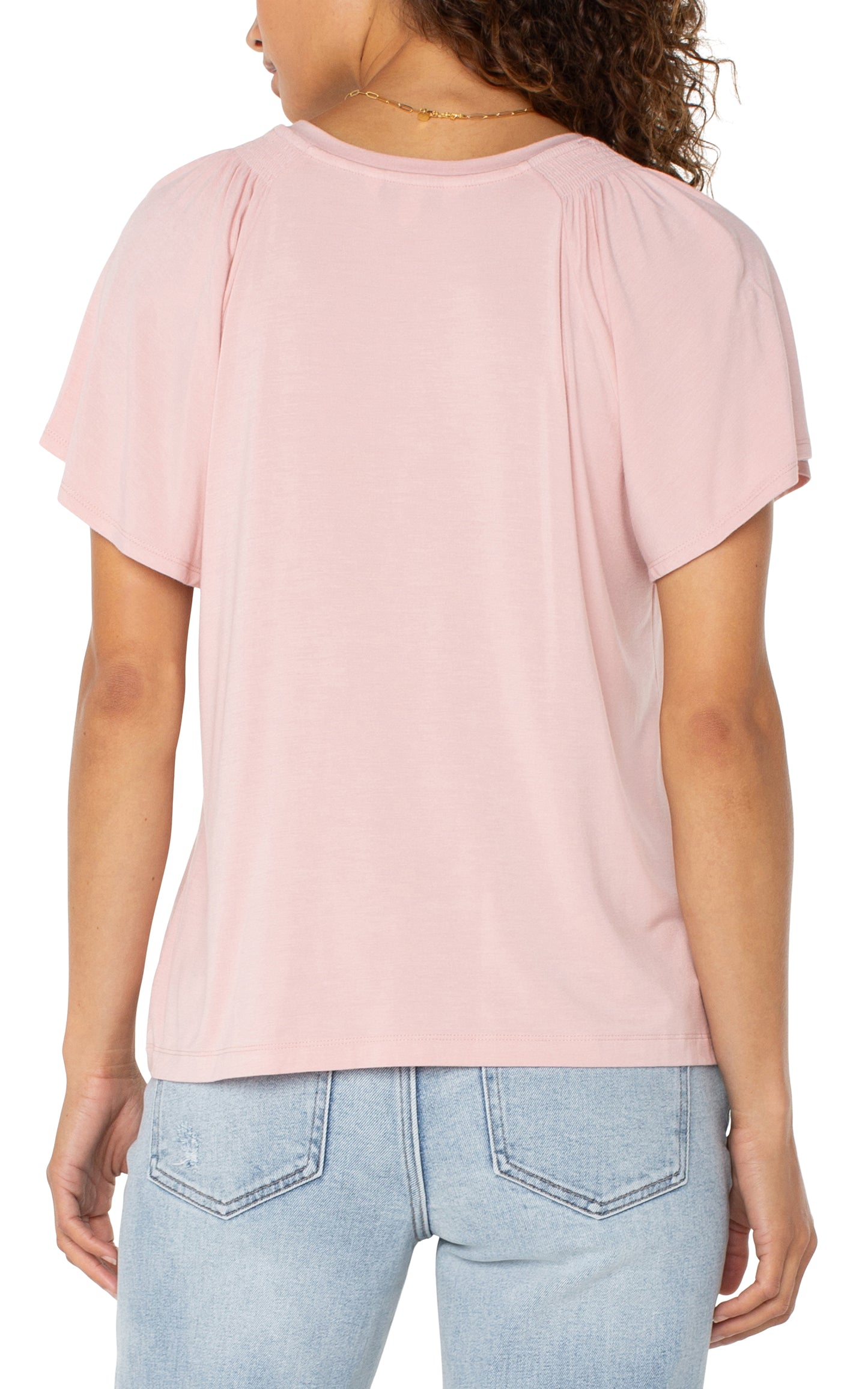 Liverpool Short Flutter Sleeve V Neck Knit Top (Soft Pink)