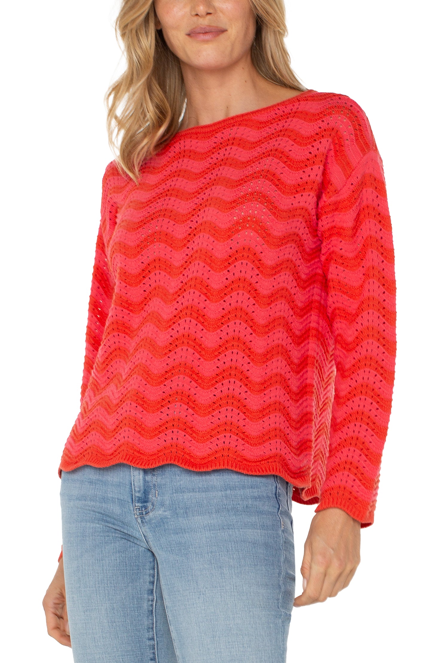 Liverpool Long Sleeve Boat Neck Scallop Hem Sweater (Pink/Red Stripe)