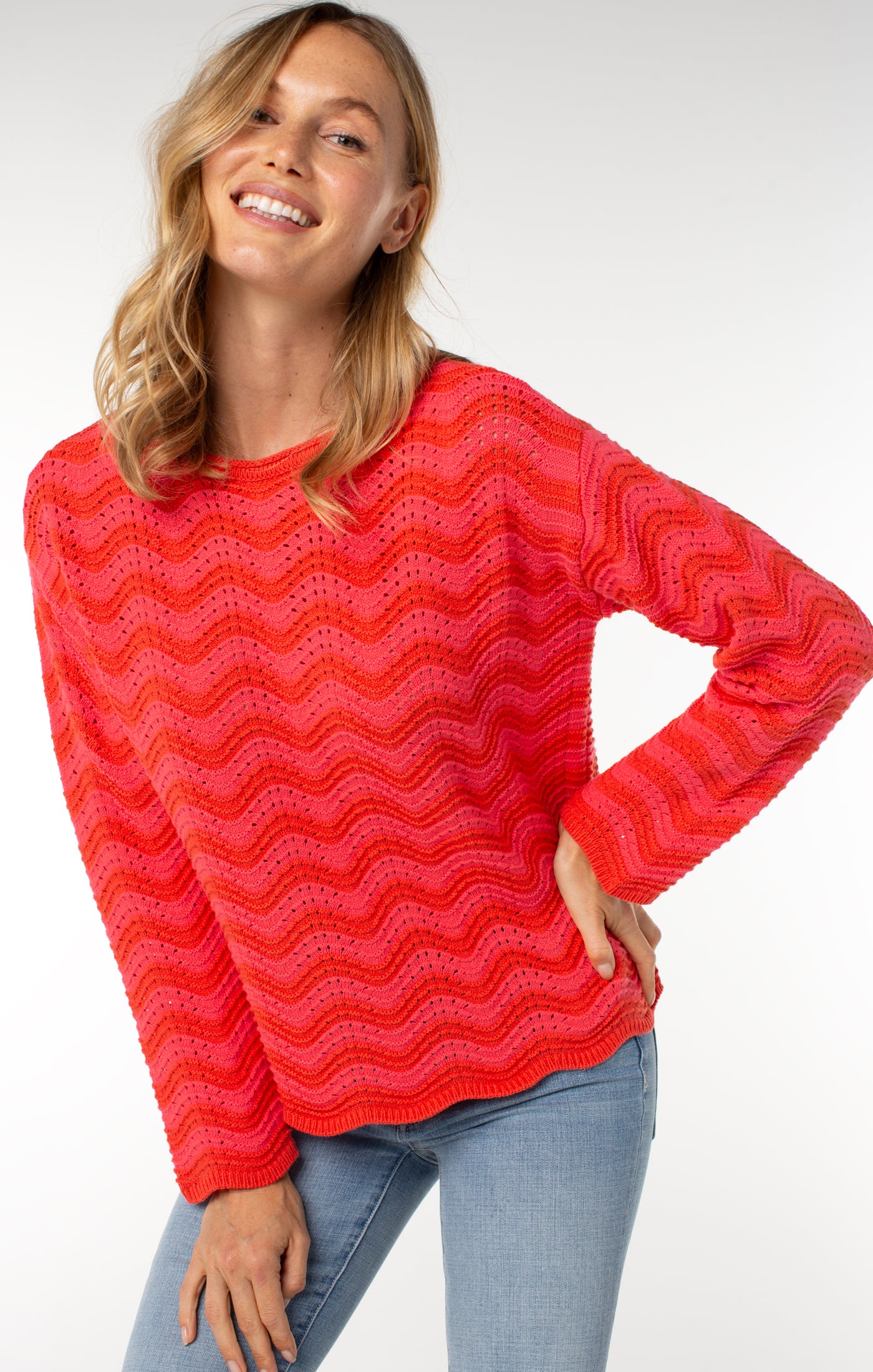 Liverpool Long Sleeve Boat Neck Scallop Hem Sweater (Pink/Red Stripe)