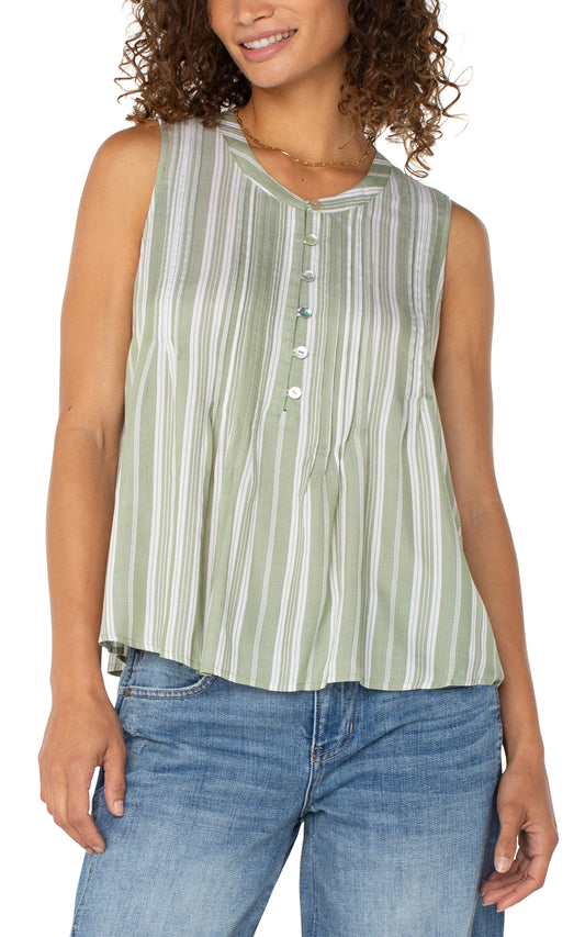 Liverpool Sleeveless Popover Button Front Woven with Pintucks (Green White Stripe)