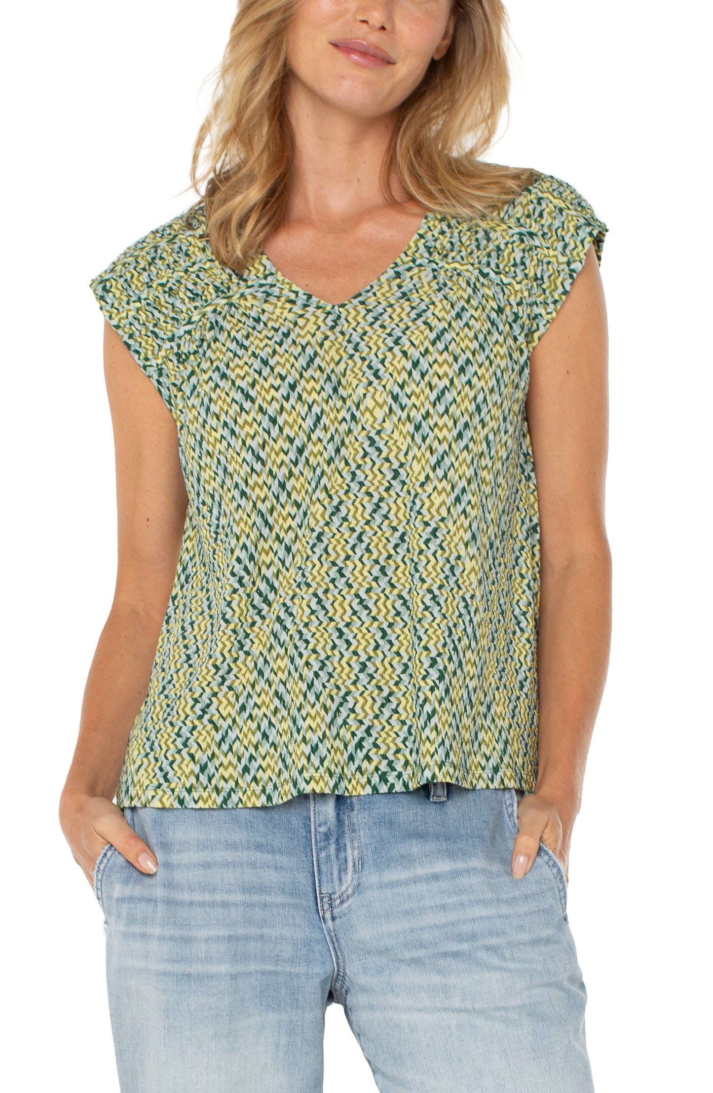 Liverpool Short Sleeve Dolman Tie Back Knit Top (Green Mint Chevron)