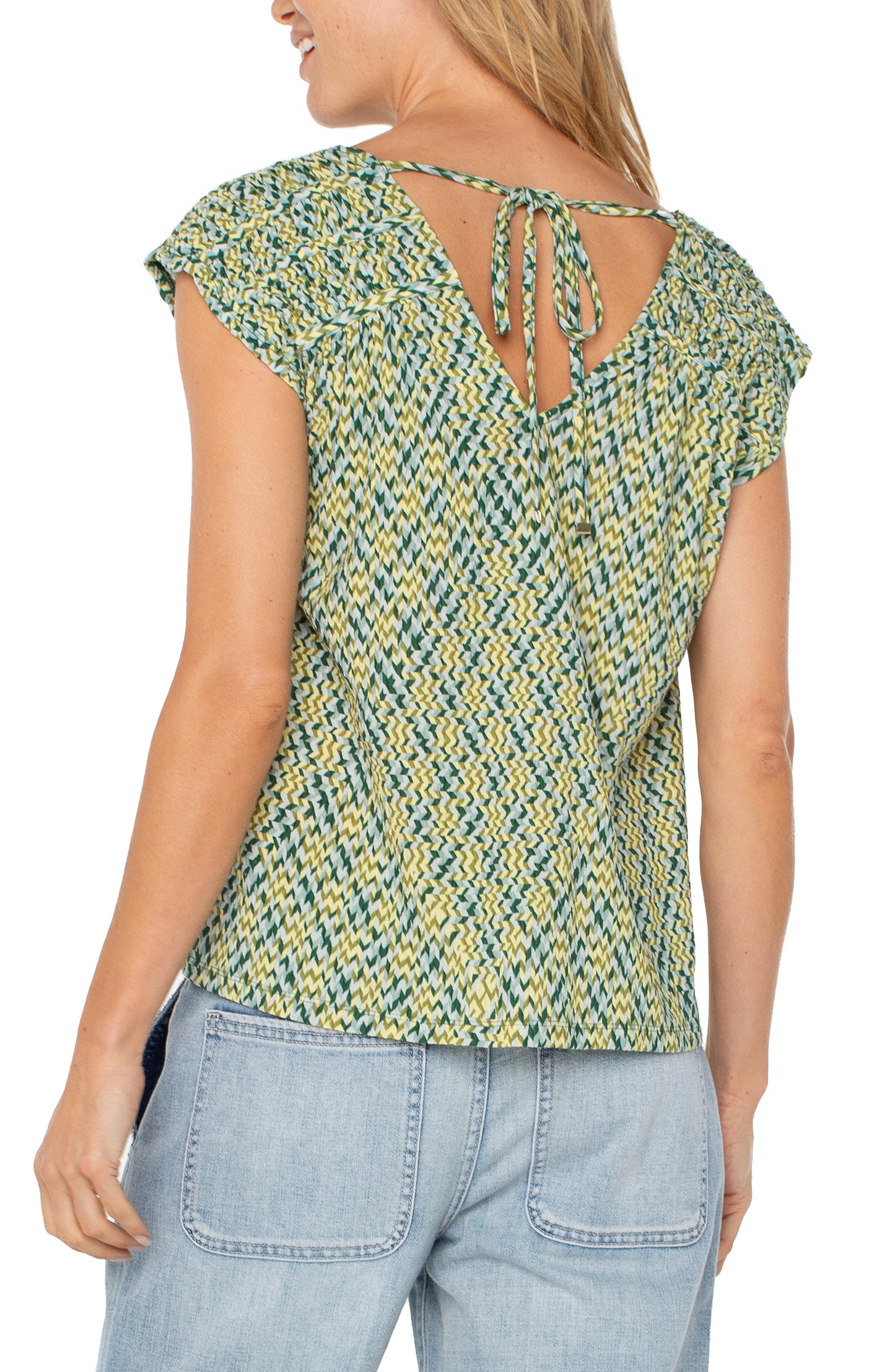 Liverpool Short Sleeve Dolman Tie Back Knit Top (Green Mint Chevron)