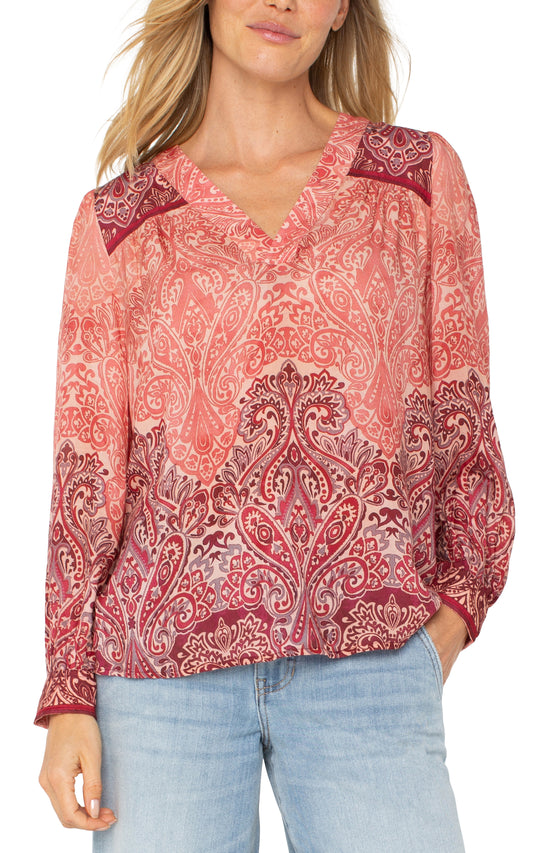 Liverpool Long Sleeve V-Neck Popover Woven Blouse (Mauve Ombre Paisley)