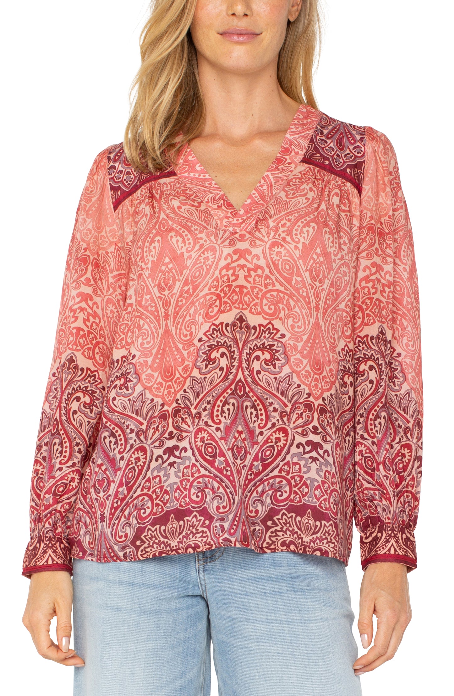 Liverpool Long Sleeve V-Neck Popover Woven Blouse (Mauve Ombre Paisley)