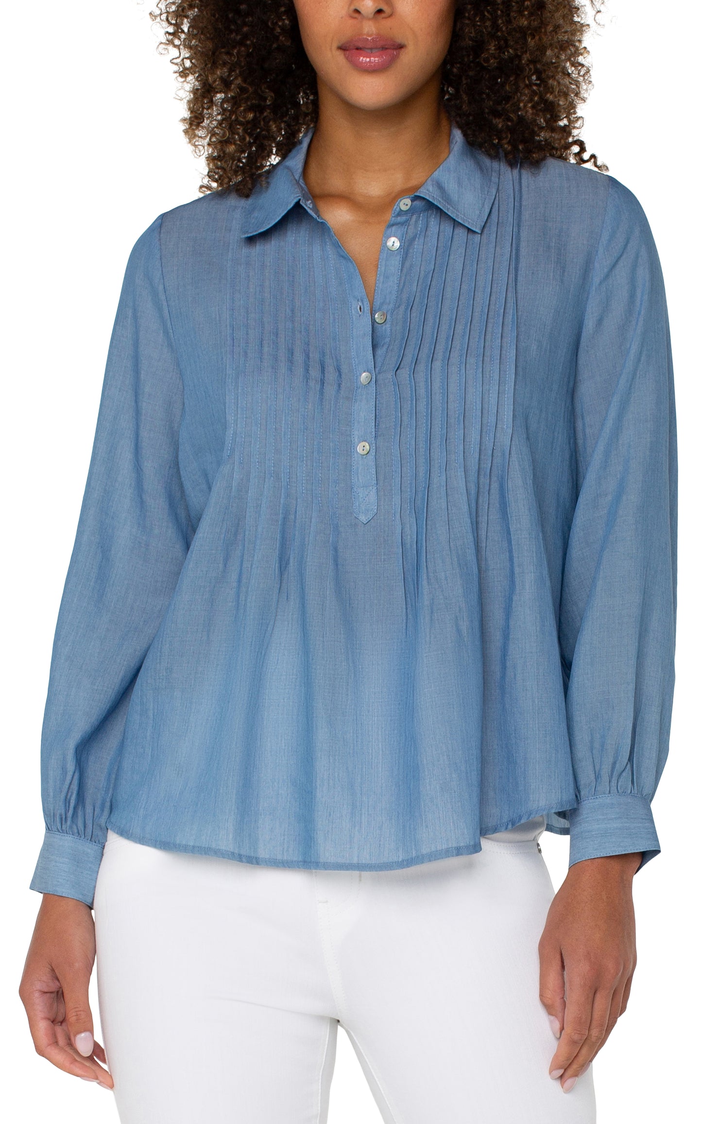 Liverpool Long Sleeve Popover Woven Blouse with Pintucks (Bridgeton Light)