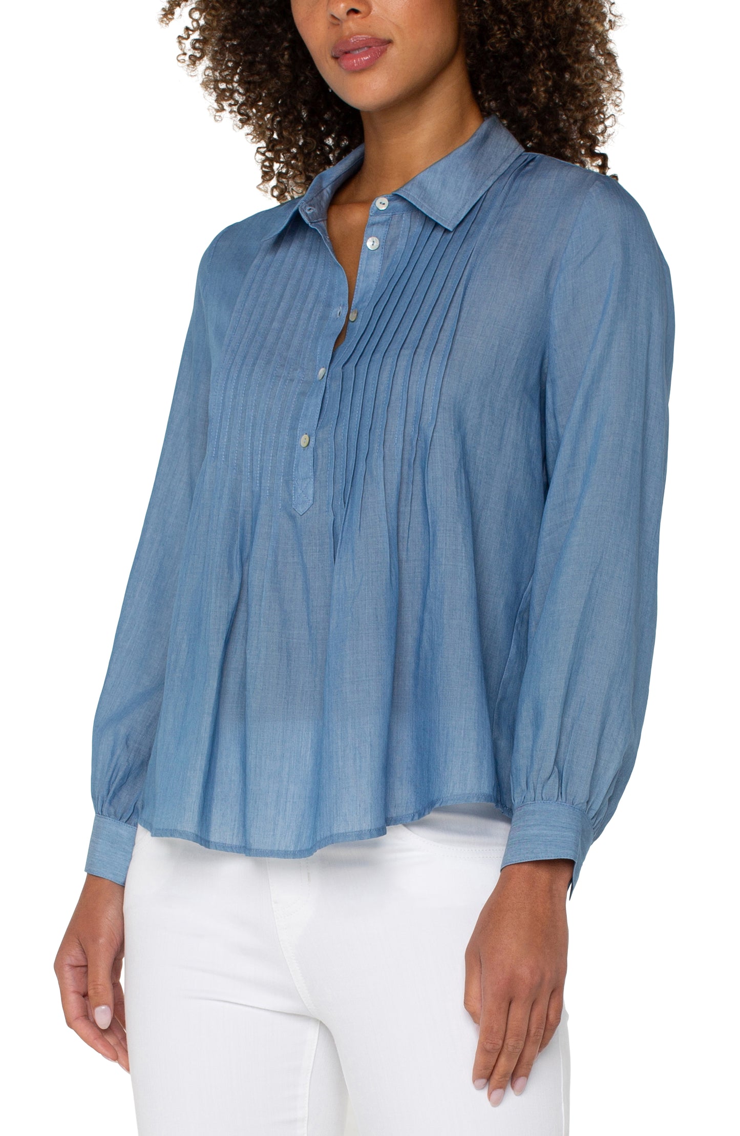 Liverpool Long Sleeve Popover Woven Blouse with Pintucks (Bridgeton Light)