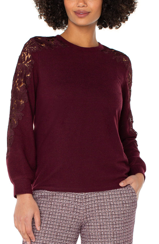 Liverpool Long Sleeve Crew Neck Lace Inset Knit Top (Burgundy)