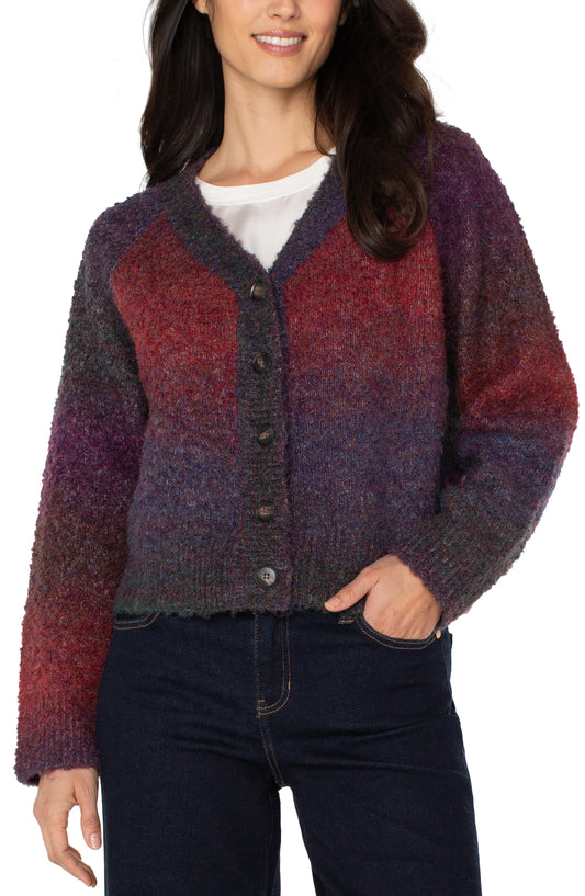 Liverpool Long Sleeve Raglan Button Front Cardigan Sweater (Berry Burgundy Ombre)