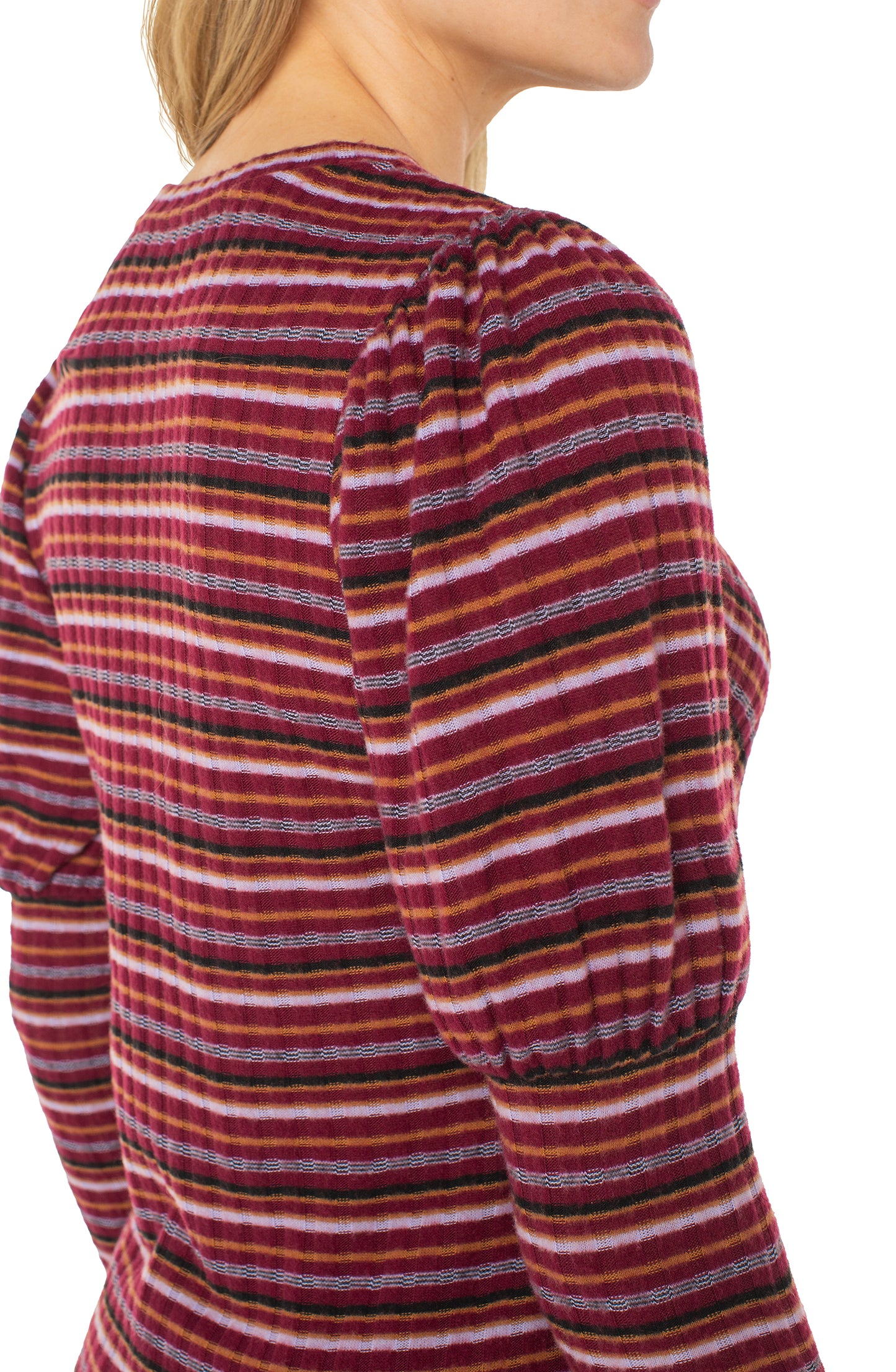 Liverpool 3/4 Juliette Sleeve Crew Neck Top with Miter (Burgundy Multi Stripe)