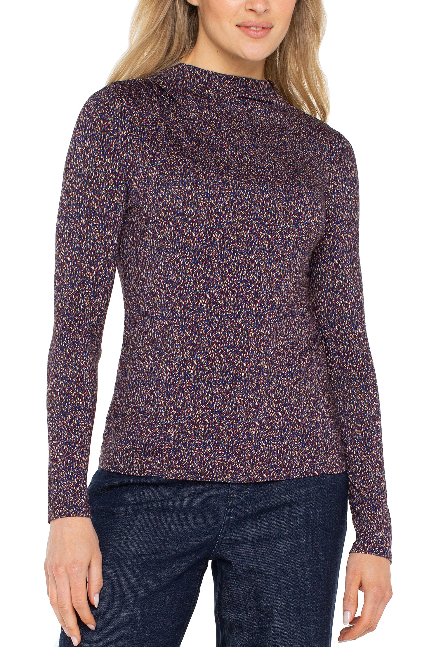 Liverpool Long Sleeve Mock Neck Knit Top with Shirring (Wine Berry Multi)