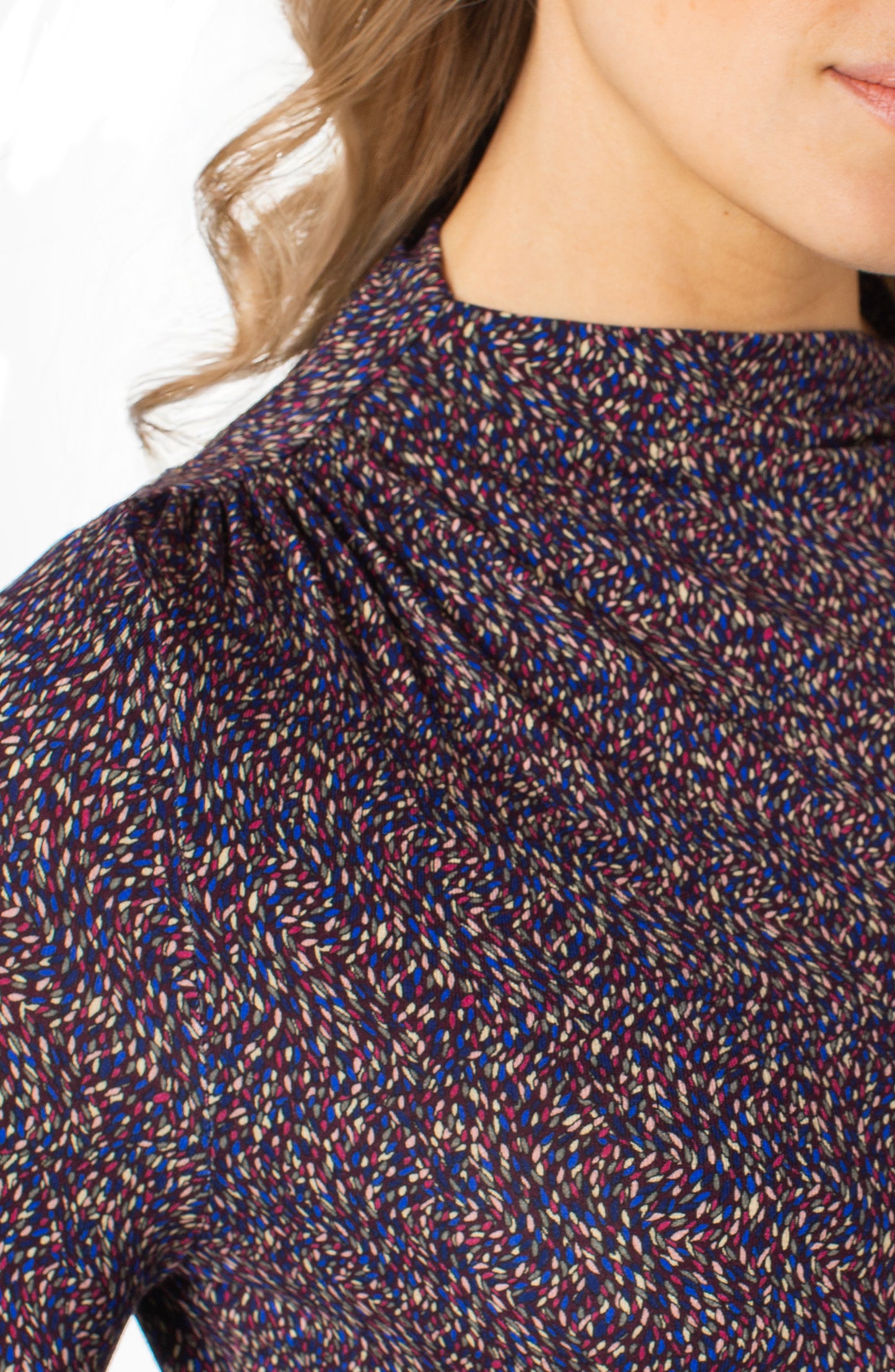 Liverpool Long Sleeve Mock Neck Knit Top with Shirring (Wine Berry Multi)