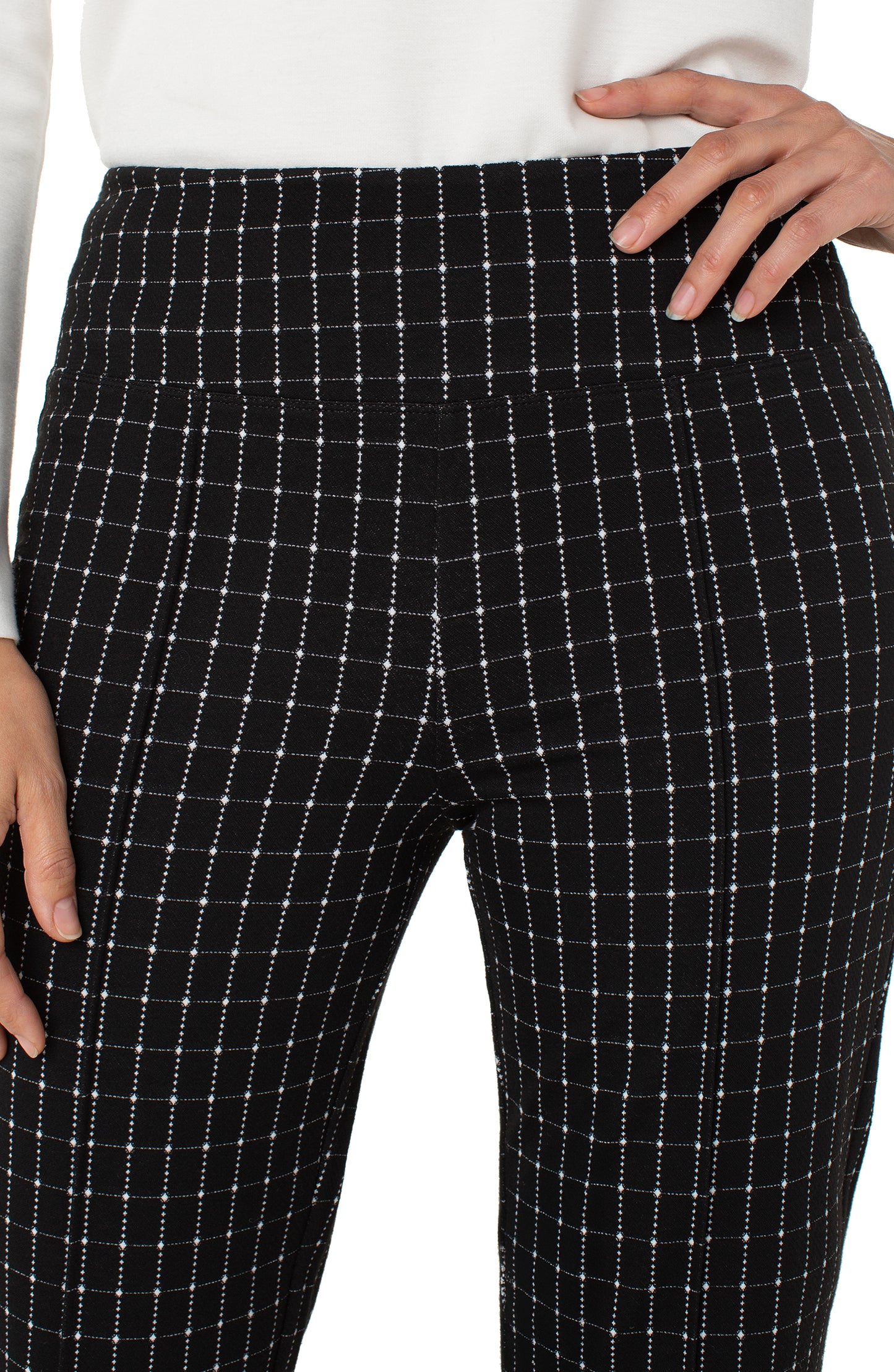 Liverpool Pearl Full Length Flare with Pintucks (Black White Windowpane Check)
