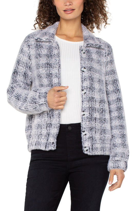 Liverpool Long Sleeve Collared Bomber Sweater Jacket (Grey White Plaid)