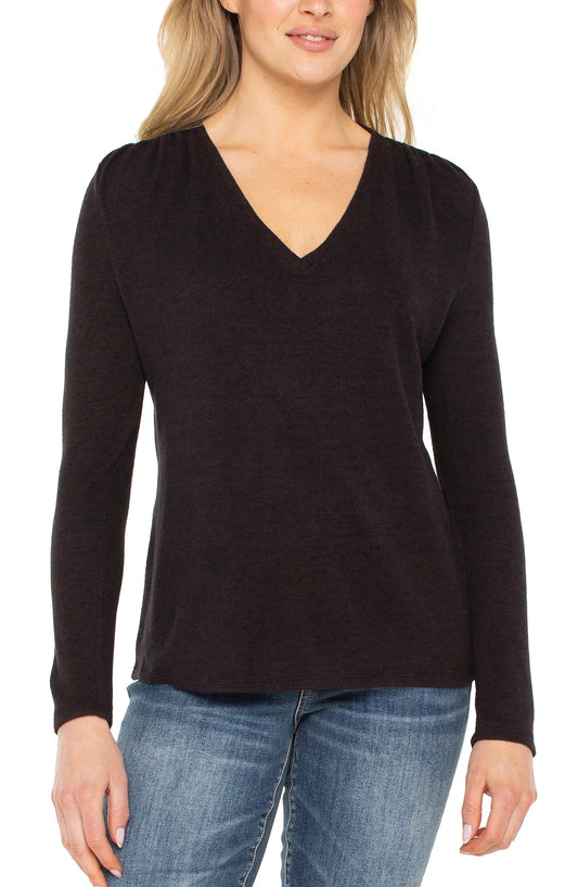Liverpool Long Sleeve V-neck Knit Top with Shirring (Java Melange)