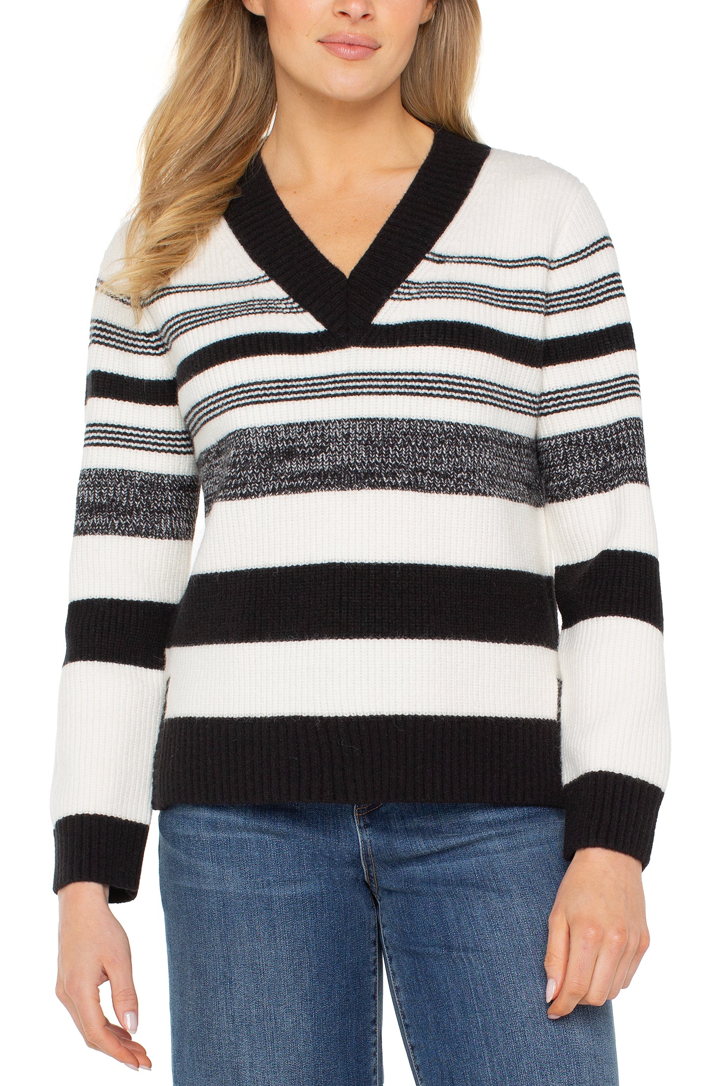 Liverpool Long Sleeve V-neck Sweater (cream black melange stripe)
