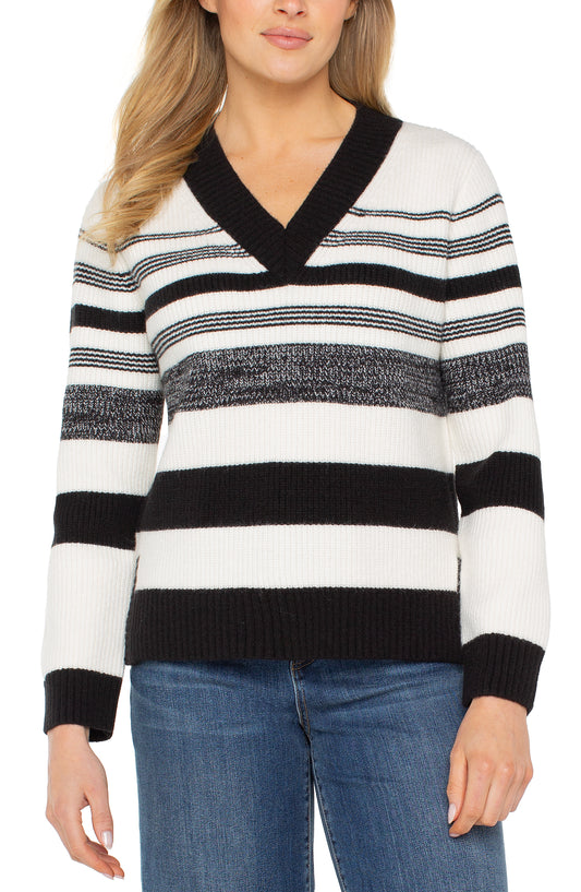 Liverpool Long Sleeve V-neck Sweater (cream black melange stripe)